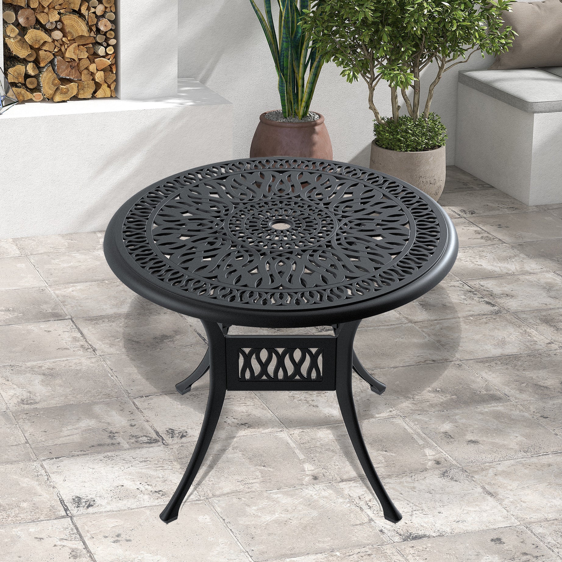 Ø35.43-inch Cast Aluminum Patio Dining Table With Black Frame and Umbrella Hole--1