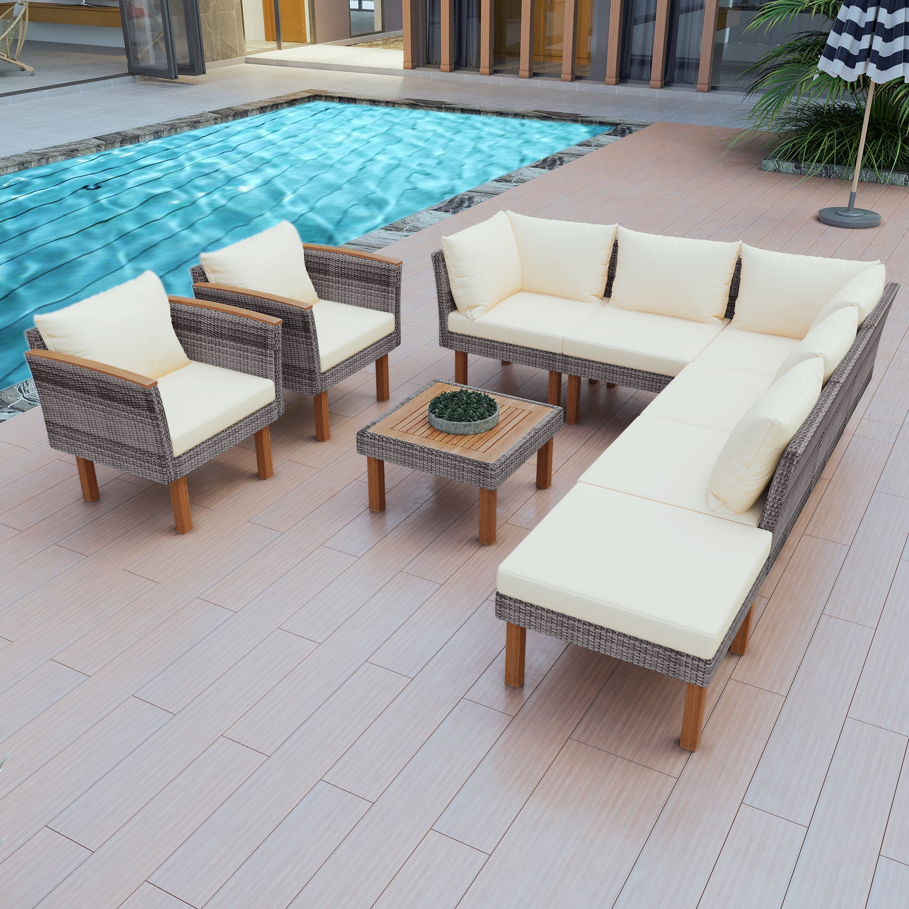 GO 9-Piece Patio Rattan Furniture Set, Outdoor Conversation Set With Acacia Wood Legs and Tabletop, PE Rattan Sectional Sofa Set with Coffee Table, Washable Cushion, Beige--1