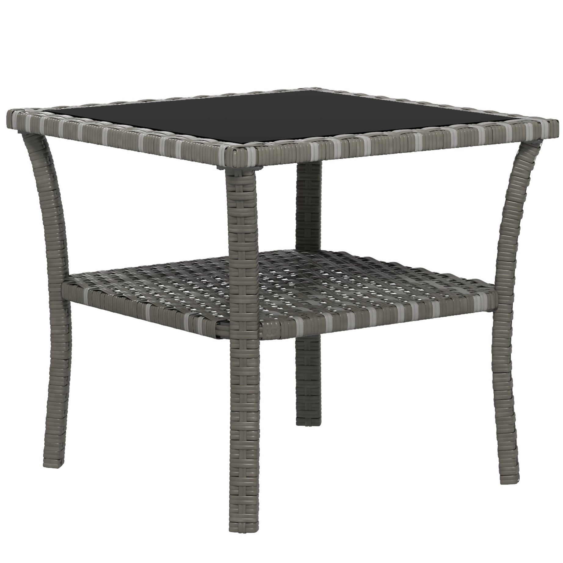 Outsunny Rattan Side Table, Outdoor End Table with Storage Shelf, Aluminum Frame Square, Coffee Table with Tempered Glass Top, Mixed Gray--1