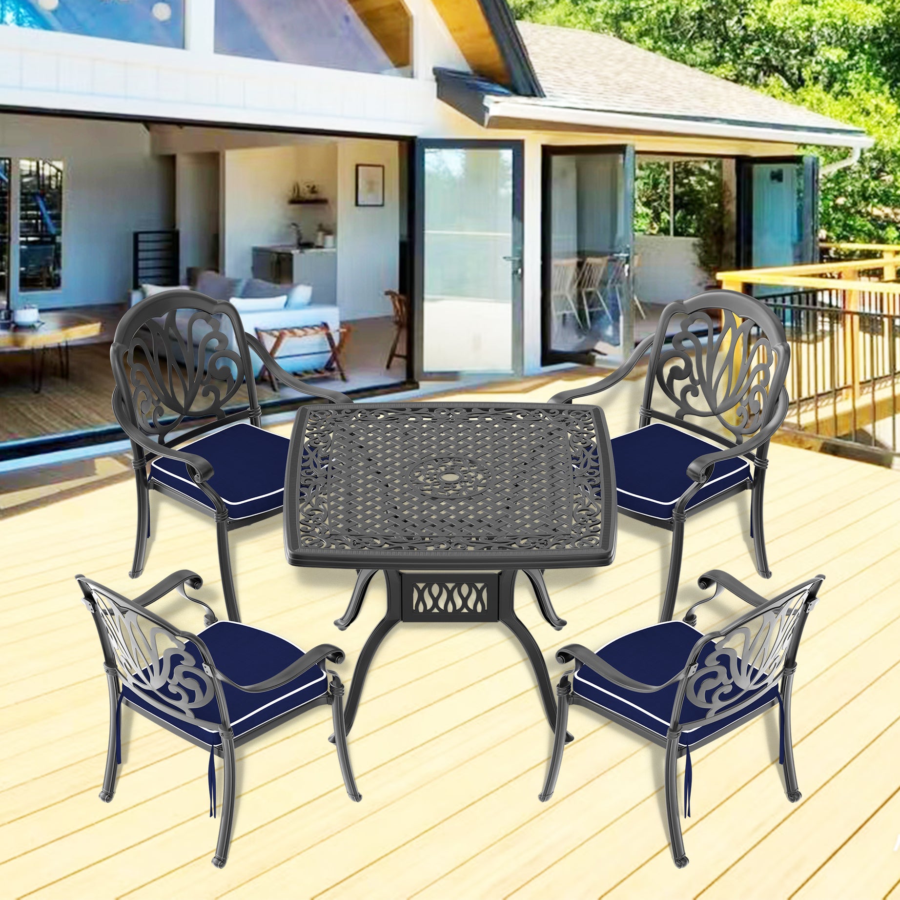 (Cushions In  Random Colors)5-Piece Set Of Cast Aluminum Patio Furniture With  Cushions--1