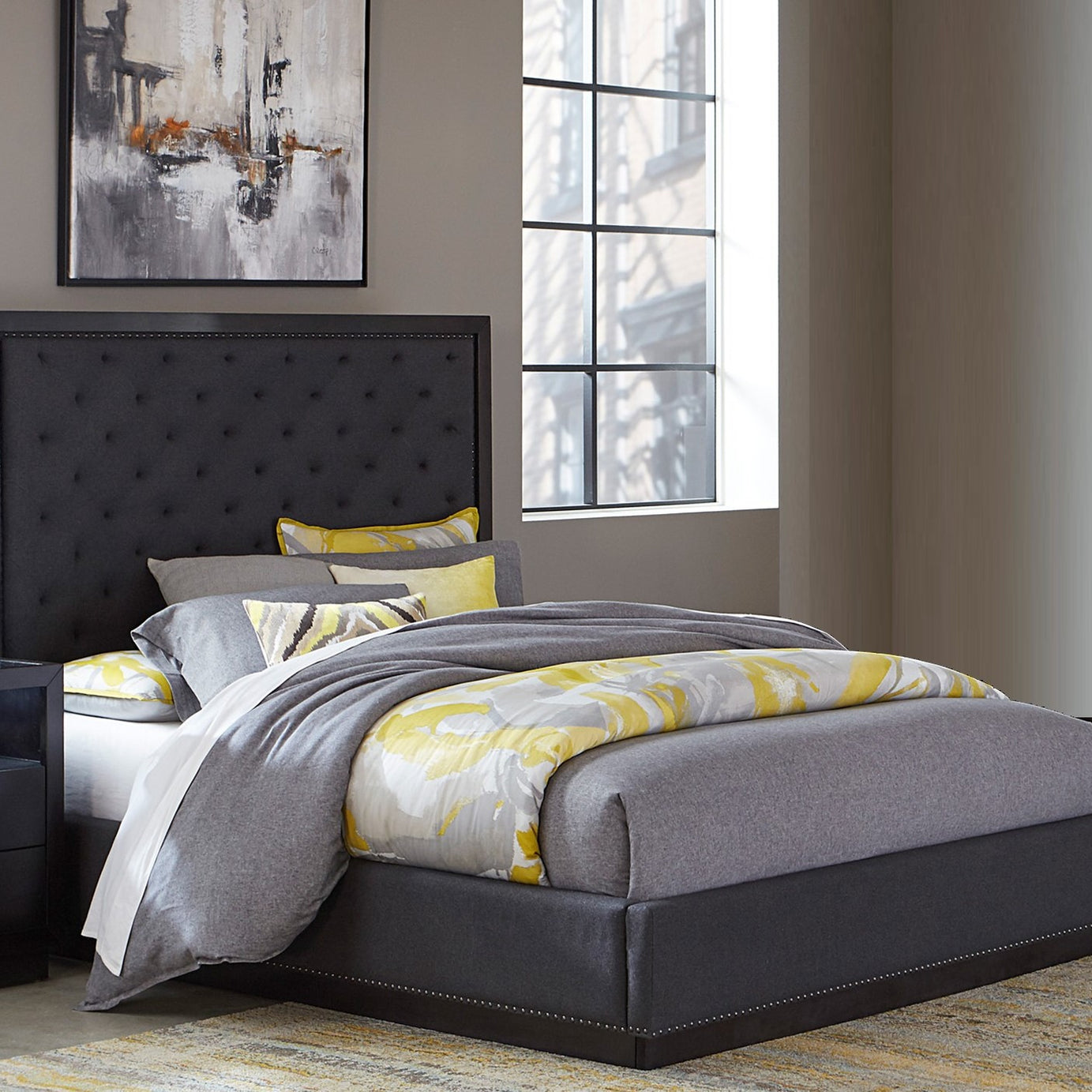 Modern Bedroom Furniture Charcoal Finish 1pc Queen Bed Tufted Headboard Fabric Upholstery Nailhead Trim Stylish Bed--3