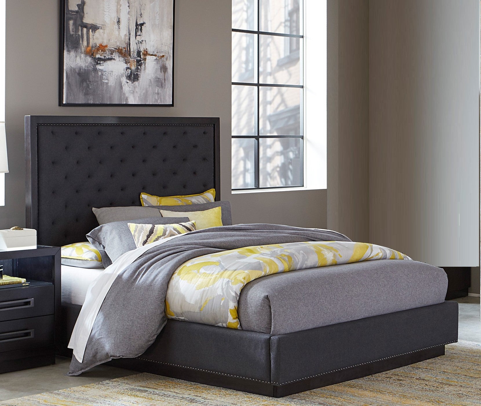 Modern Bedroom Furniture Charcoal Finish 1pc Queen Bed Tufted Headboard Fabric Upholstery Nailhead Trim Stylish Bed--3