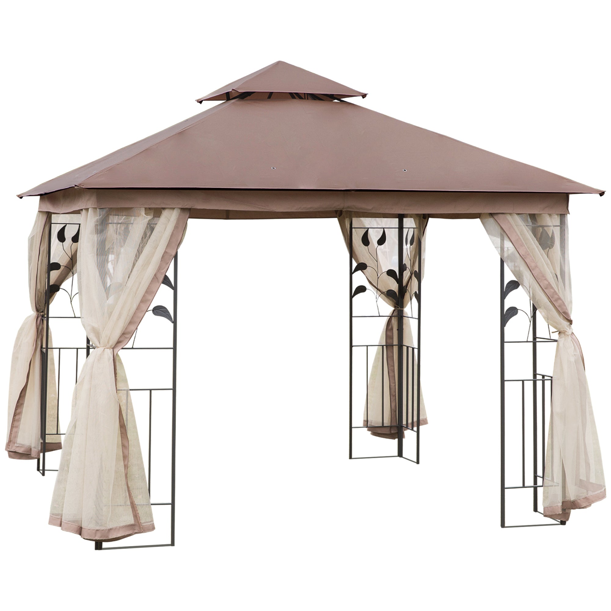 Outsunny 10' x 10' Metal Patio Gazebo, Double Roof Outdoor Gazebo Canopy Shelter with Tree Motifs Corner Frame and Netting, for Garden, Lawn, Backyard, and Deck, Brown--1