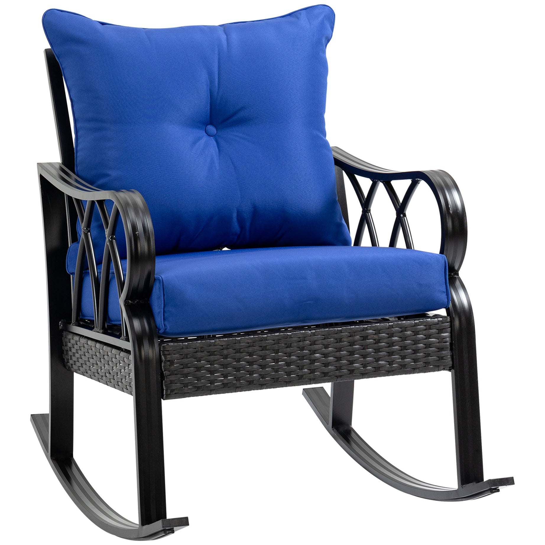 Outsunny Outdoor Wicker Rocking Chair with Padded Cushions, Aluminum Furniture Rattan Porch Rocker Chair w/ Armrest for Garden, Patio, and Backyard, Blue--1