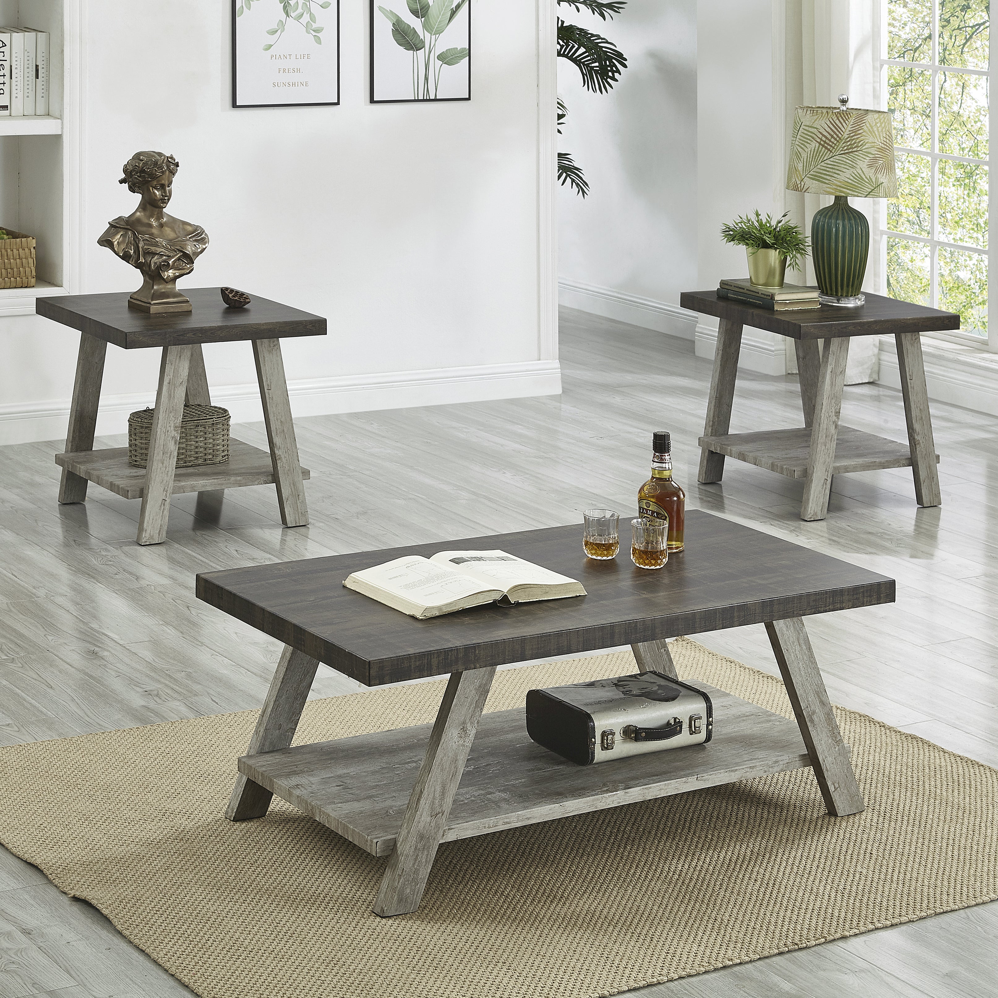 Athens Contemporary 3-Piece Wood Shelf Coffee Table Set in Weathered Walnut and Gray--1