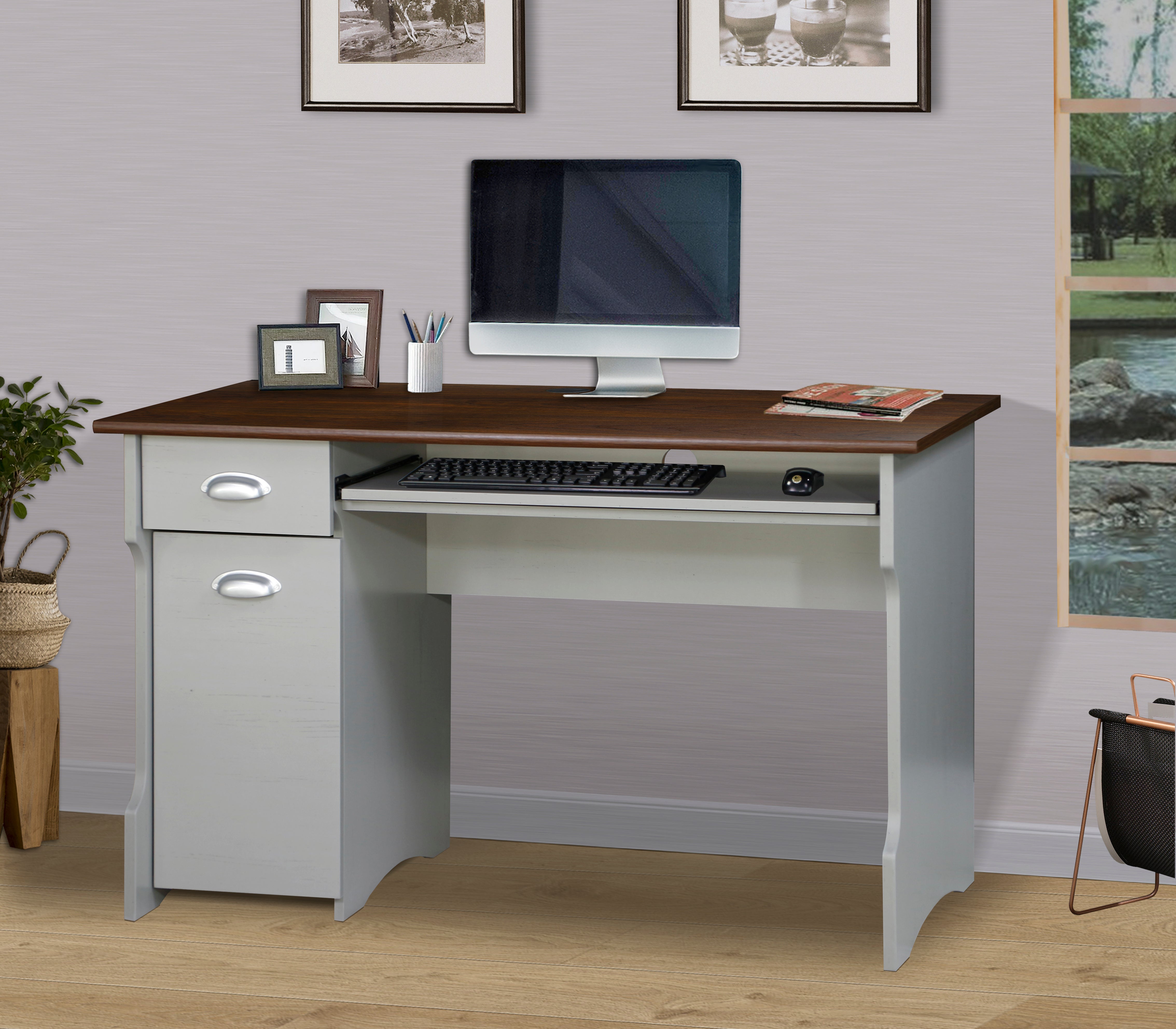 47" Writing Desk  "Elegant Two-Tone Writing Desk with Storage – Contemporary Gray and Rosewood Finish, Sturdy Office and Home Workstation"--1