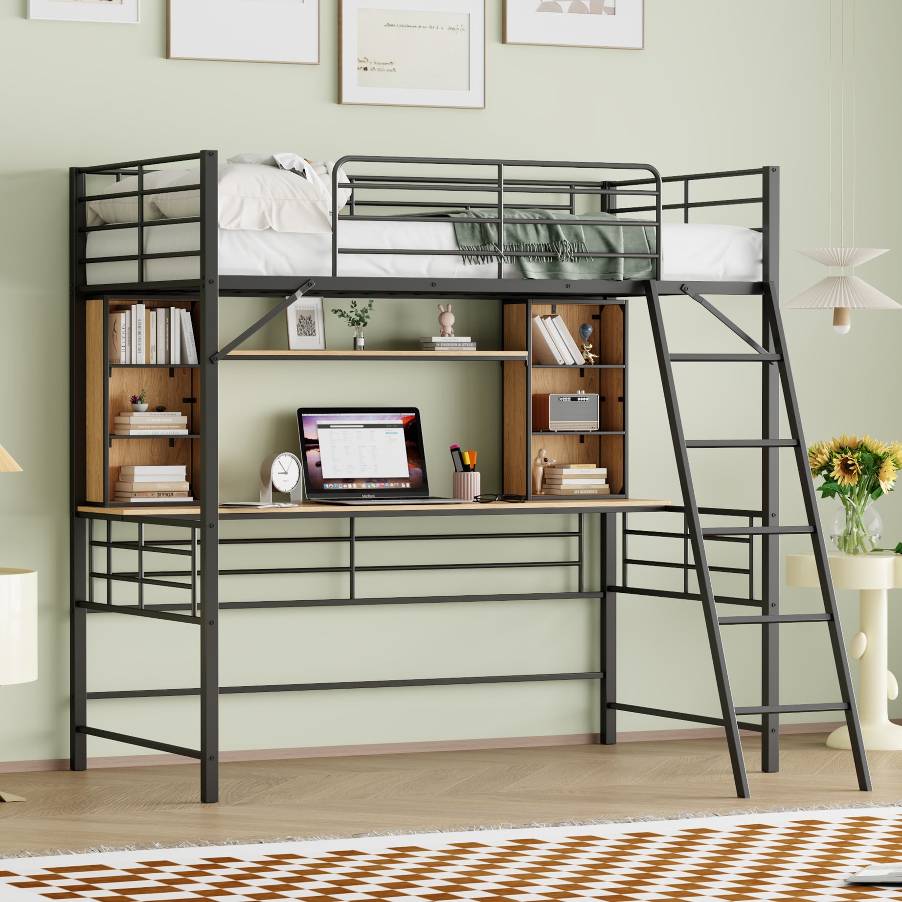 Twin Size Loft Bed with Desk and Shelf , Loft Bed with Ladder,Twin,Black--1