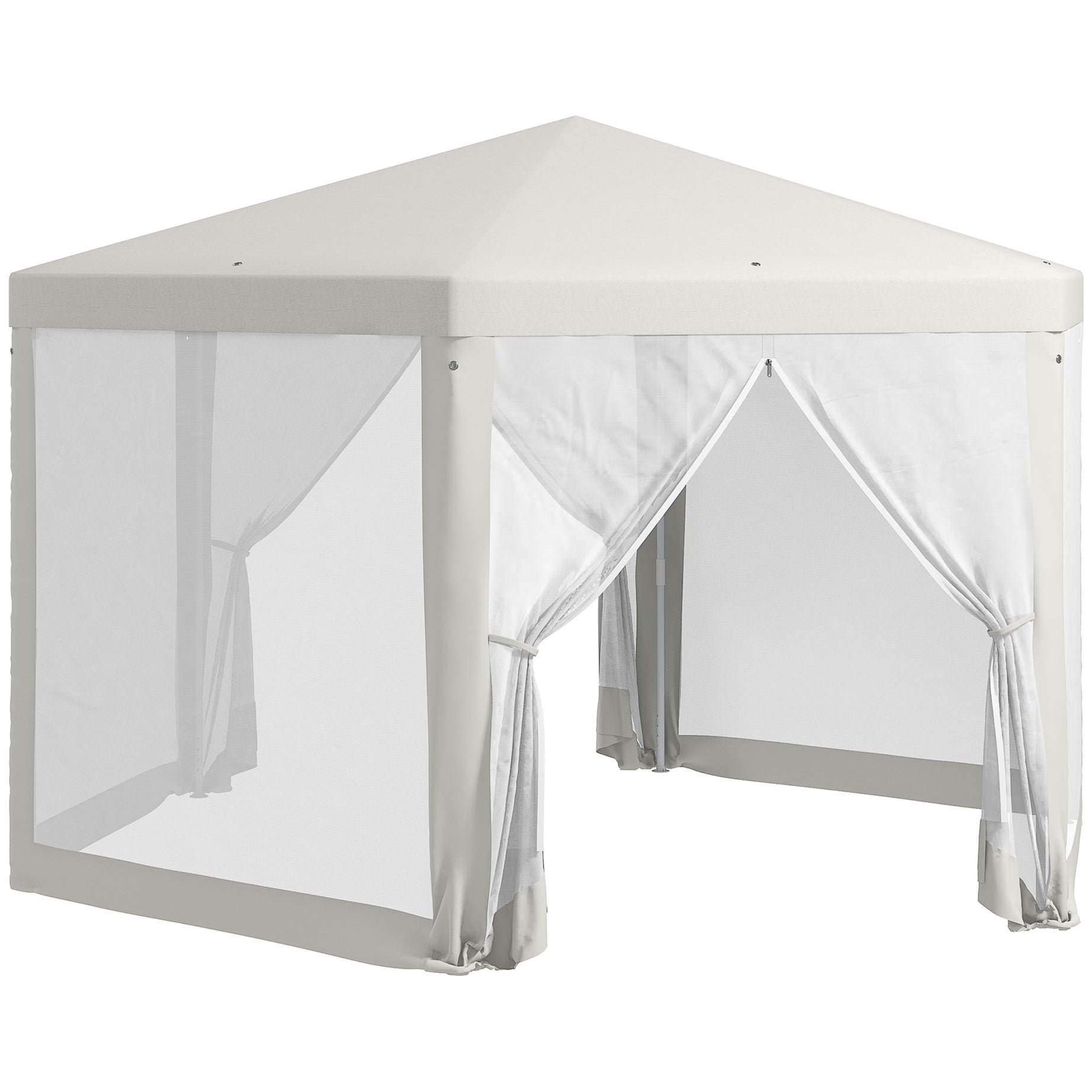 Outsunny 13' x 11' Outdoor Party Tent, Hexagon Sun Shade Shelter Canopy with Protective Mesh Screen Sidewalls, Ropes & Stakes, Cream White--1