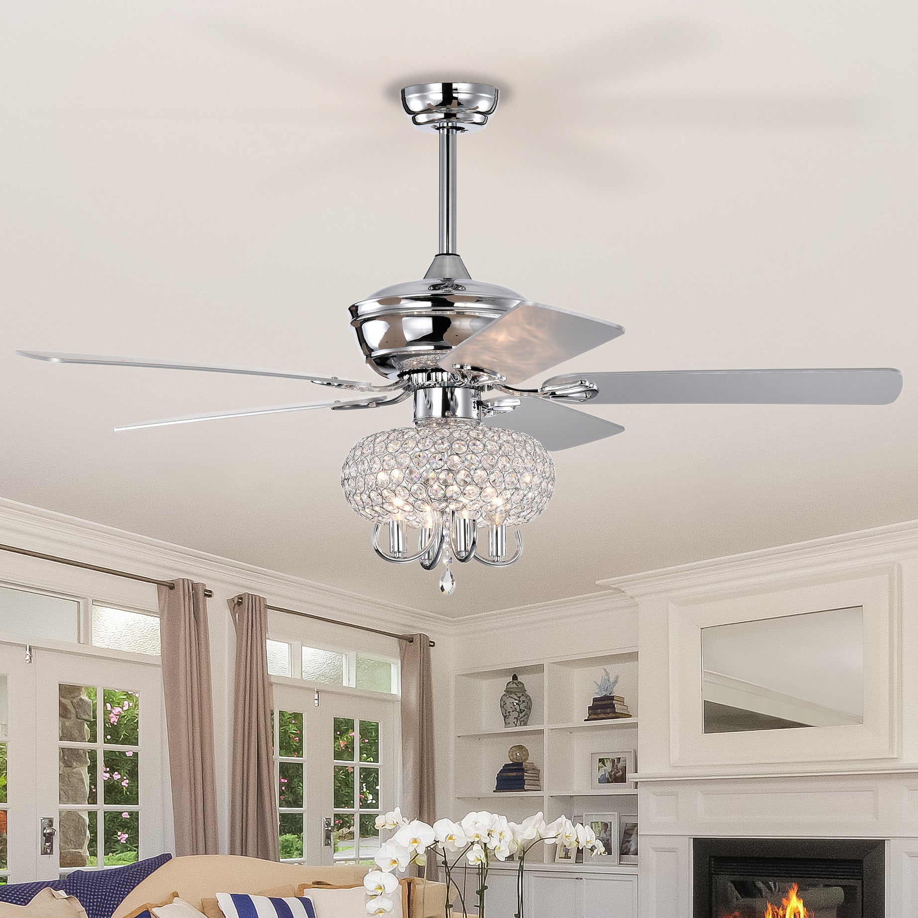 52 inch Crystal Ceiling Fan with Lights Fandelier Chandelier Reversible Blades 3 Wind Speeds Remote Control for Bedroom Living Dining Room--Chrome--1