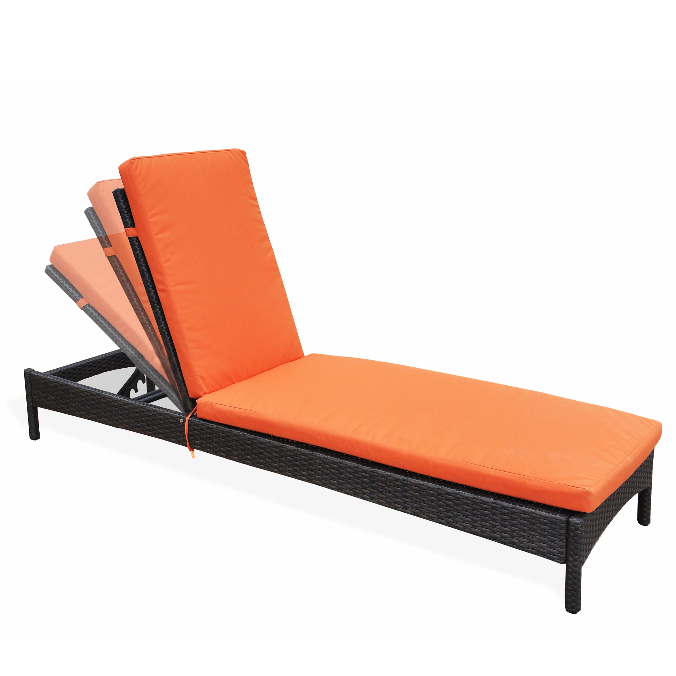 Adjustable Wicker Chaise Lounge Chair with Cushion, Patio Poolside Reclining Folding Backrest Lounge Chair,Orange--1