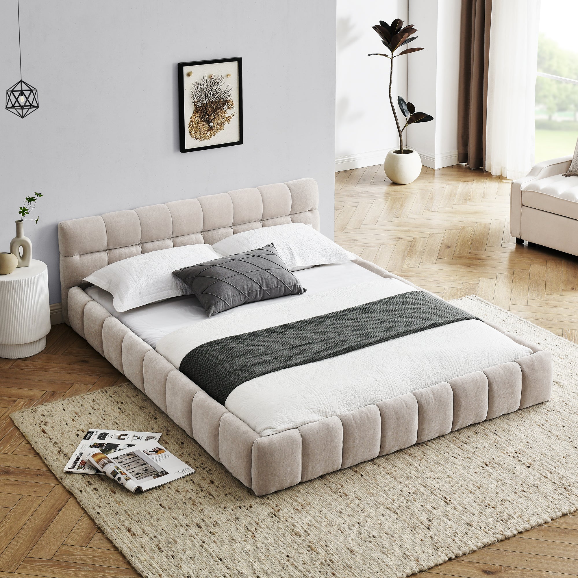 Queen Size Upholstered Bed Frame with Thick Fabric, Chenille Fabric Grounded Queen Size Platform Bed with Headboard and Solid Frame. No Box Spring Needed, Beige(68''*86.5''*23.5'')--1