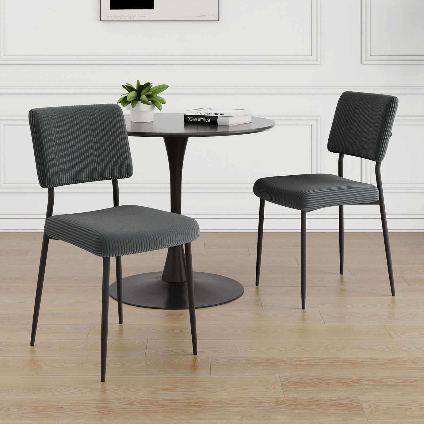 Modern grey simple velvet dining chair fabric upholstered chair Family bedroom stool back dressing, black round table set, chair black metal legs (set of 3)--1