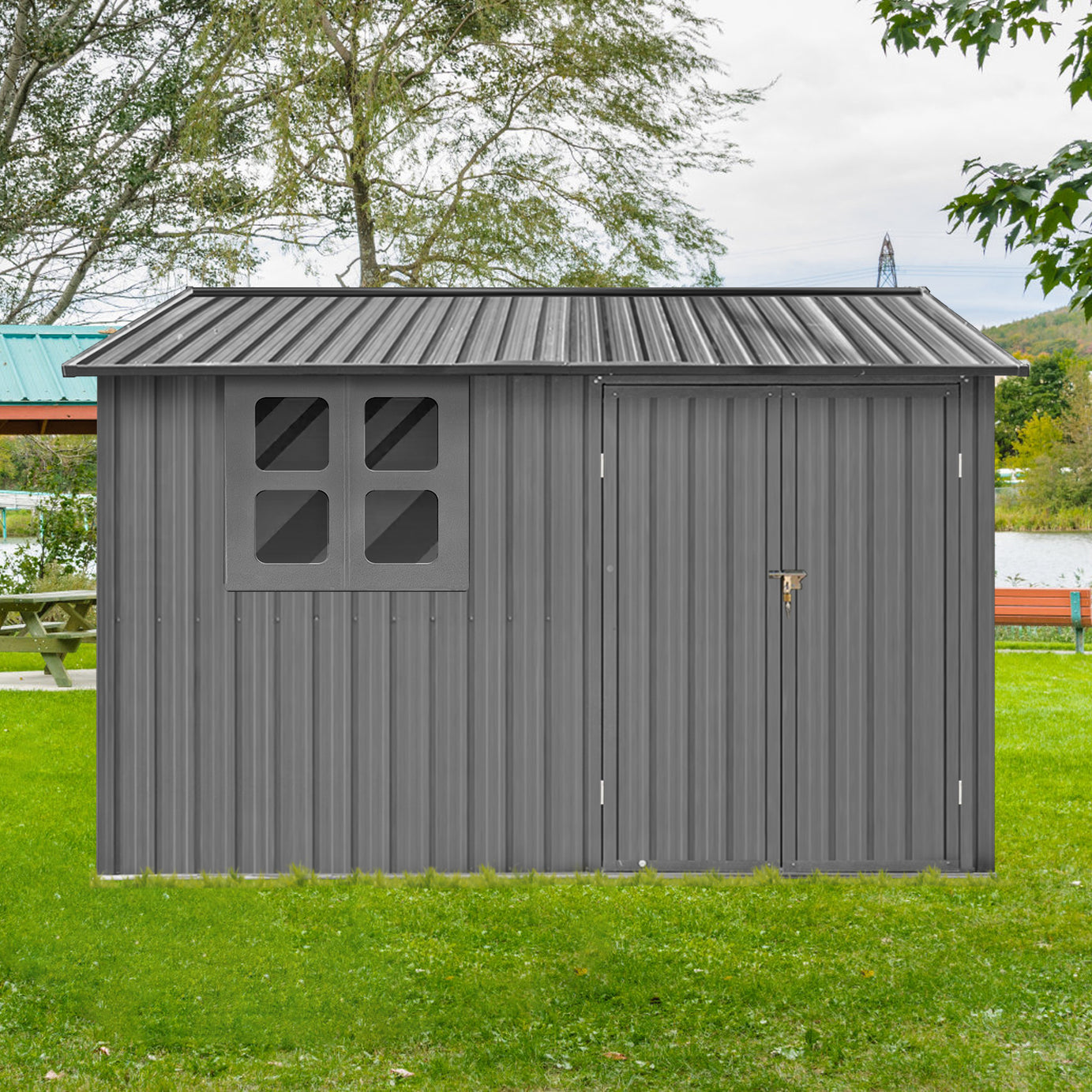 Metal garden sheds 6ftx8ft outdoor storage sheds Grey with window--1