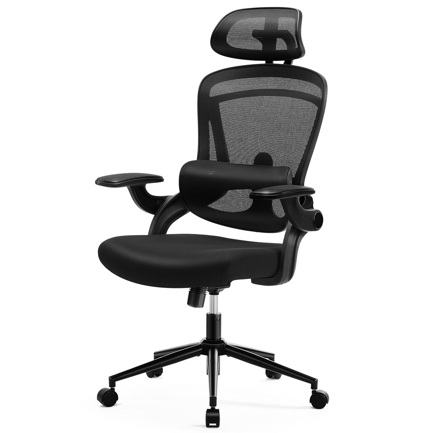 High Back Desk Chair with Adjustable Lumbar Support & Headrest,Comfortable Mesh Computer Chair with Soft Flip Up Arms, Adjustable Height and 120°Tilt,Black--1