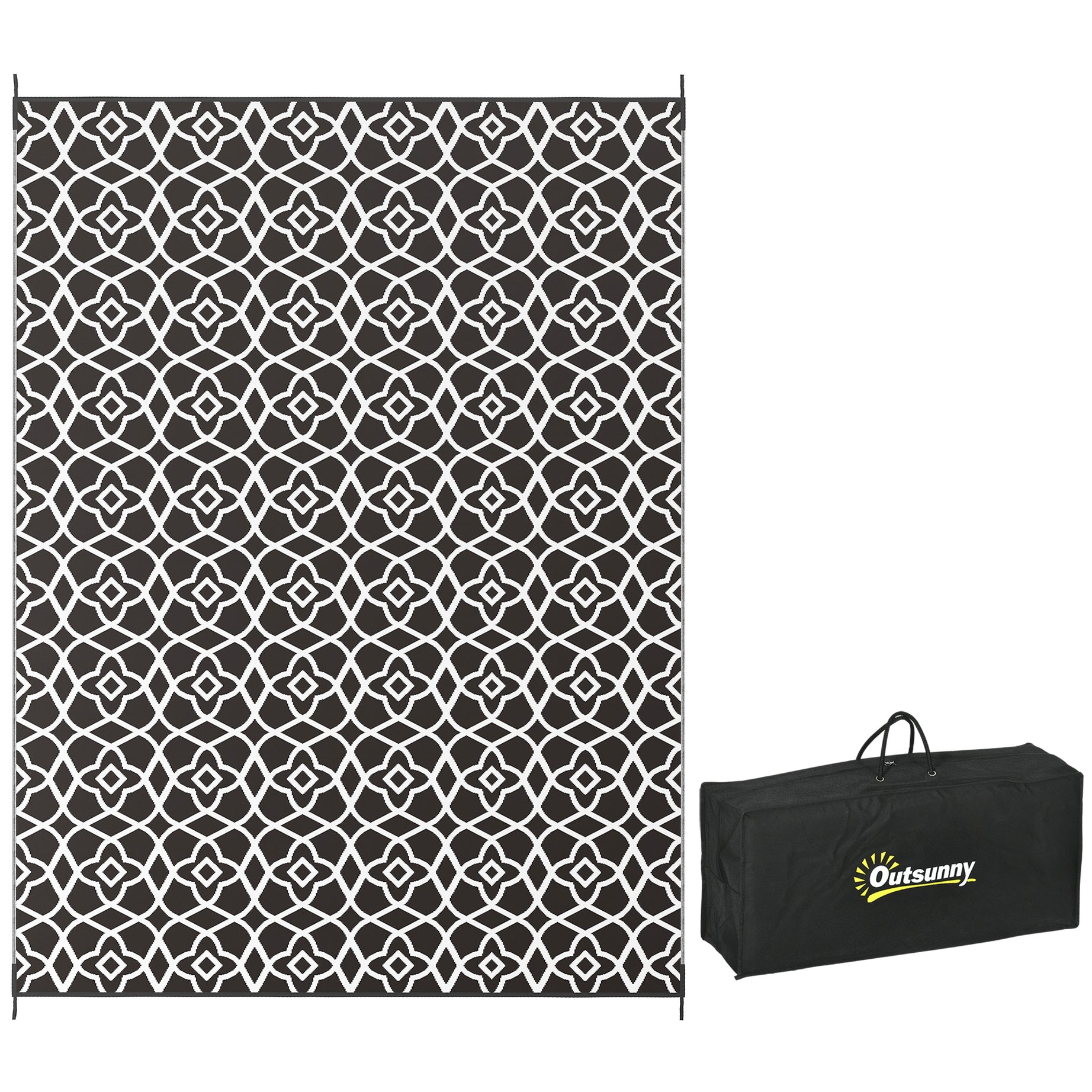 Outsunny Reversible Outdoor Rug, 9' x 12' Waterproof Plastic Straw Floor Mat, Portable RV Camping Carpet with Carry Bag, Large Floor Mat for Backyard, Deck, Picnic, Beach, Black & White Clover--1