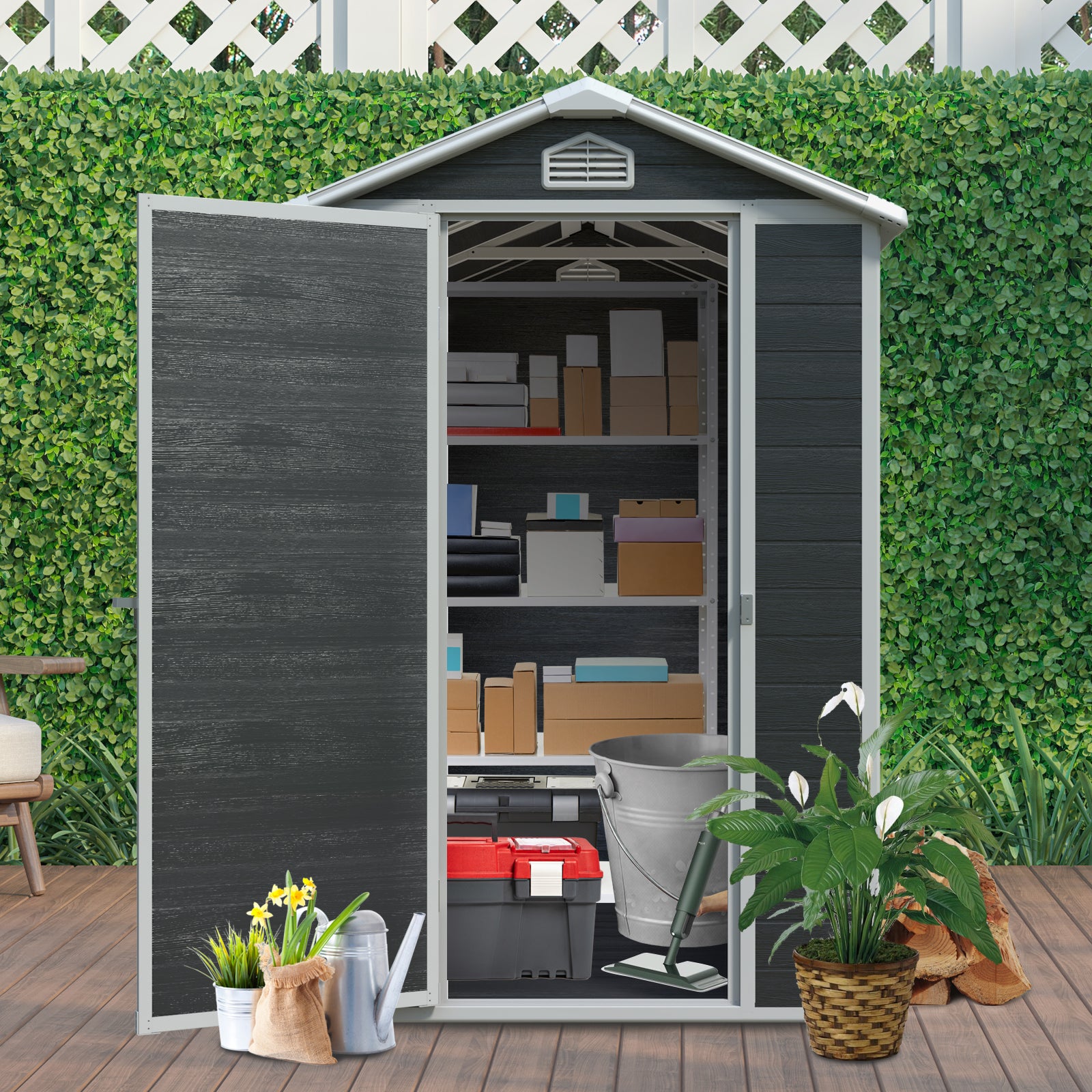 4x6ft Resin Outdoor Storage Shed Kit-Perfect to Store Patio Furniture,Black--1