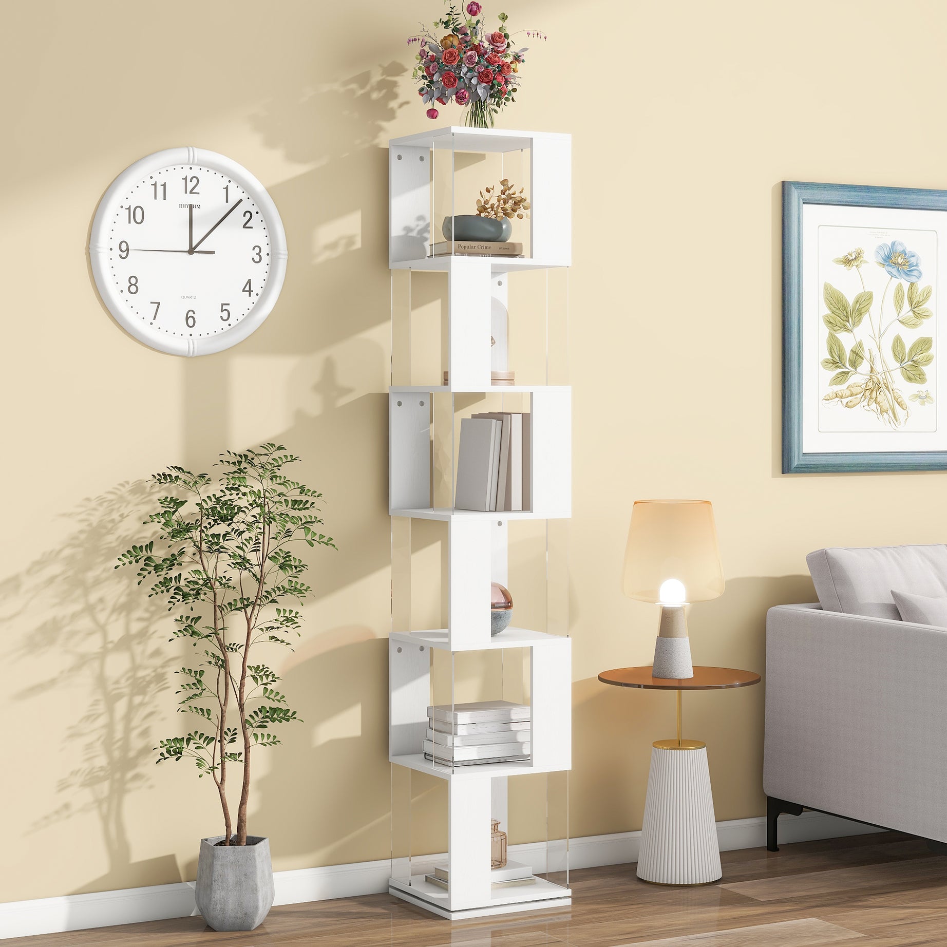 6 tier Rotating Bookshelf, Floor Rack Simple Bookcase  with Acrylic plate Student Multi-Function Creative Bookshelf for Living Room--1