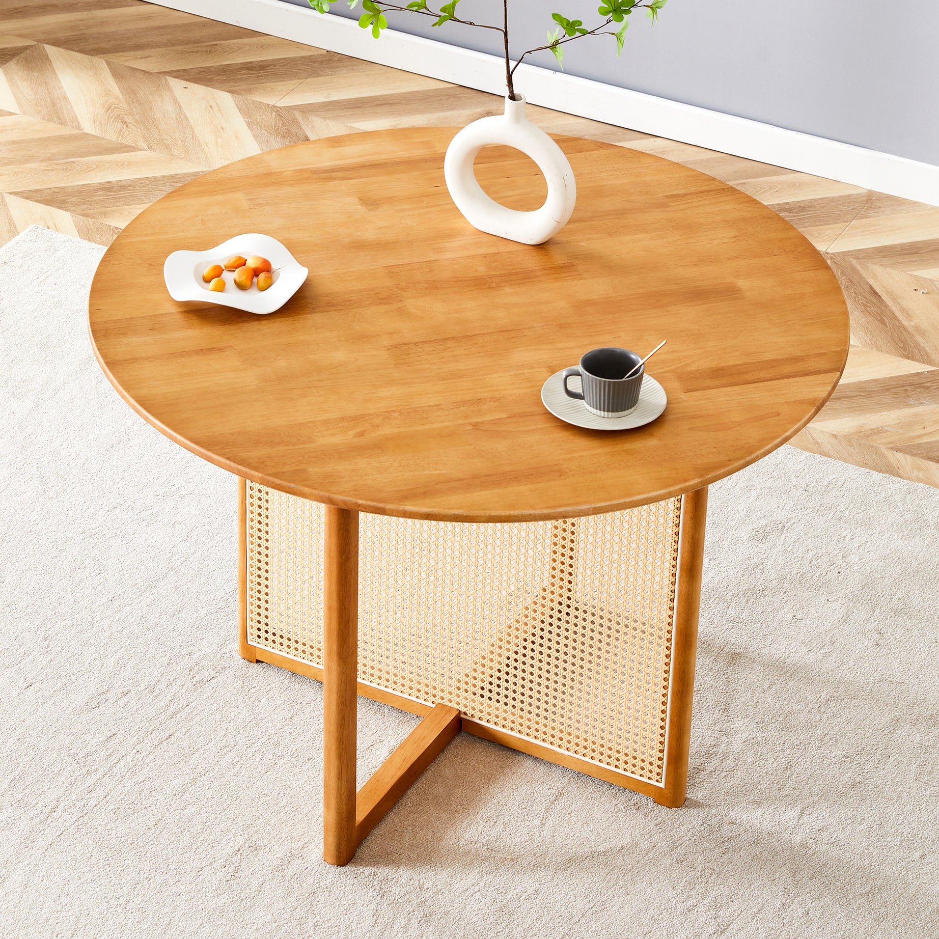 Chinese countryside retro solid wood round table, simple modern imitation rattan table, wooden table, desk. Suitable for dining room, living room, office--1