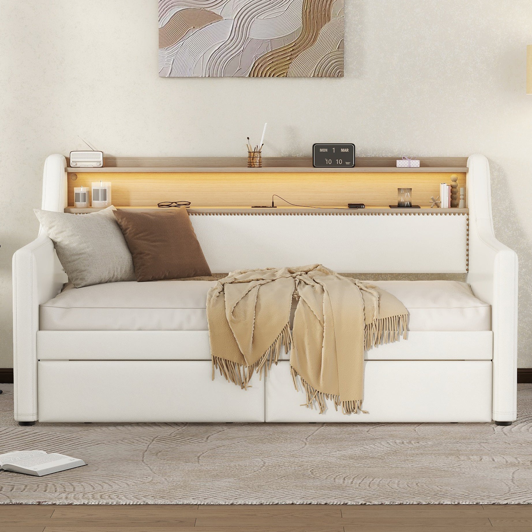 Twin Size Daybed with Storage Drawers, Upholstered Daybed with Charging Station and LED Lights, White(Expect arrival date May, 9th--1