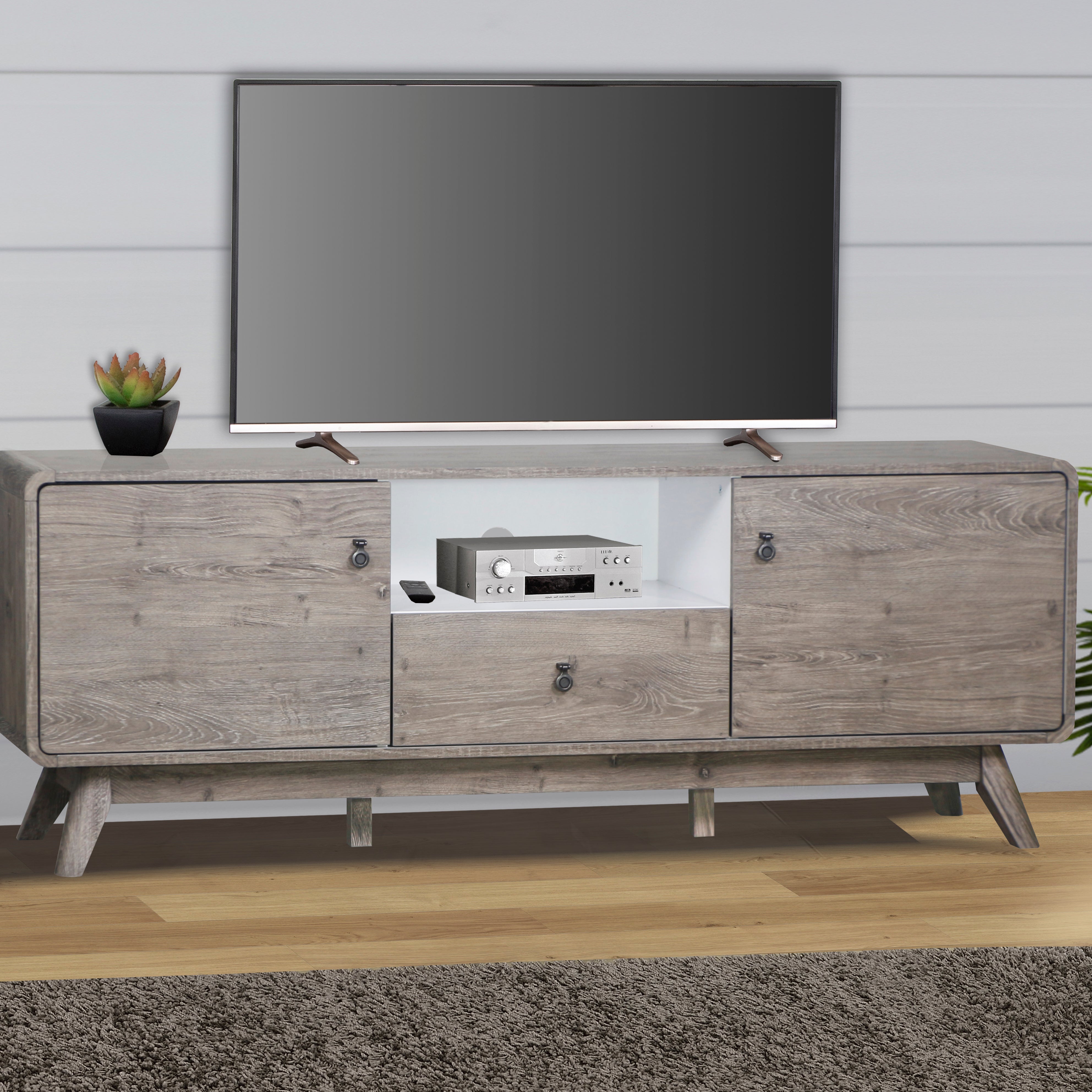 TV Stand "Rustic Gray Oak Media Console - Spacious Modern TV Stand with Drawers and Cabinets, Ideal for 65-85 inch TVs"--1