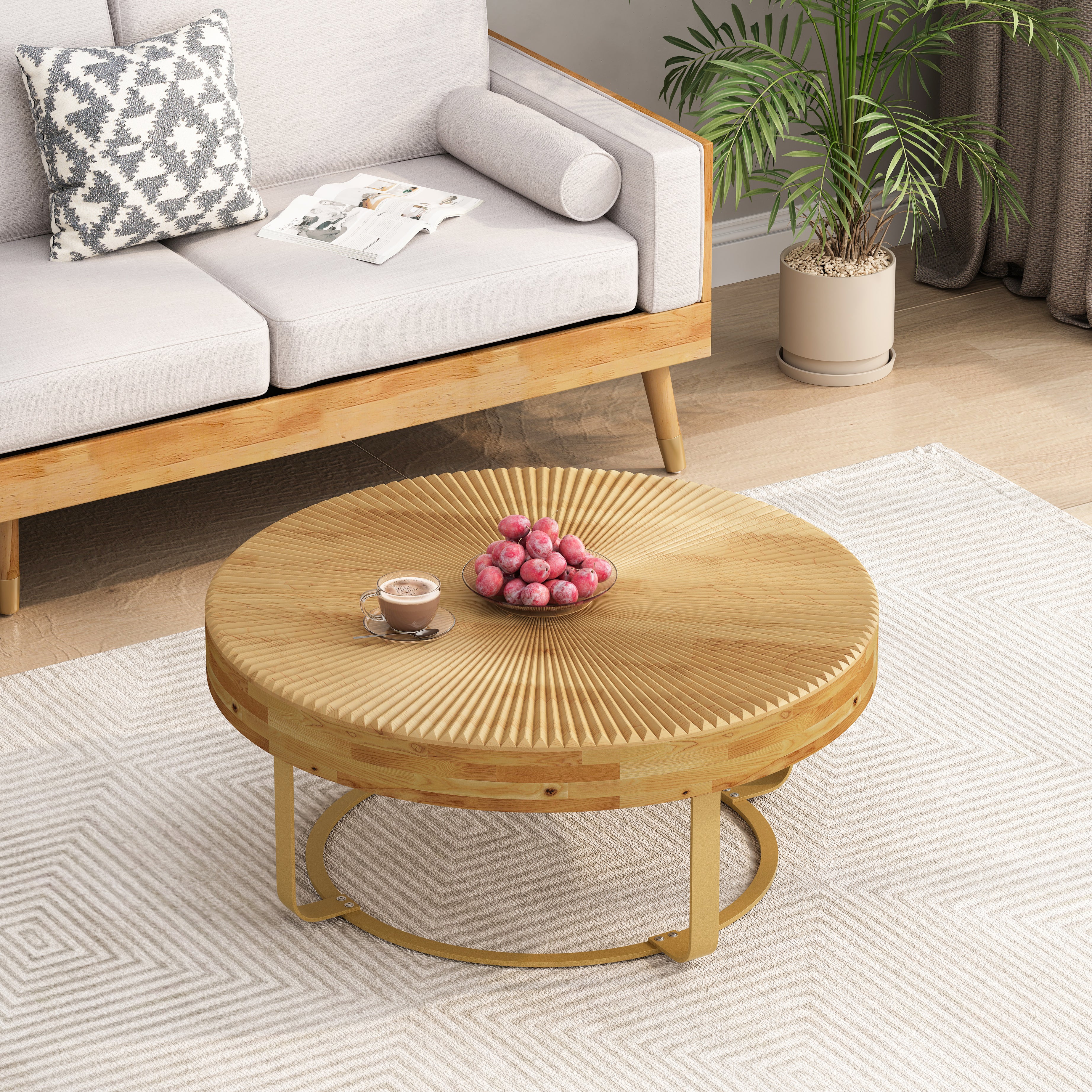 Modern round coffee table Wooden carving pattern coffee table with metal legs for living room reception room office Golden--1