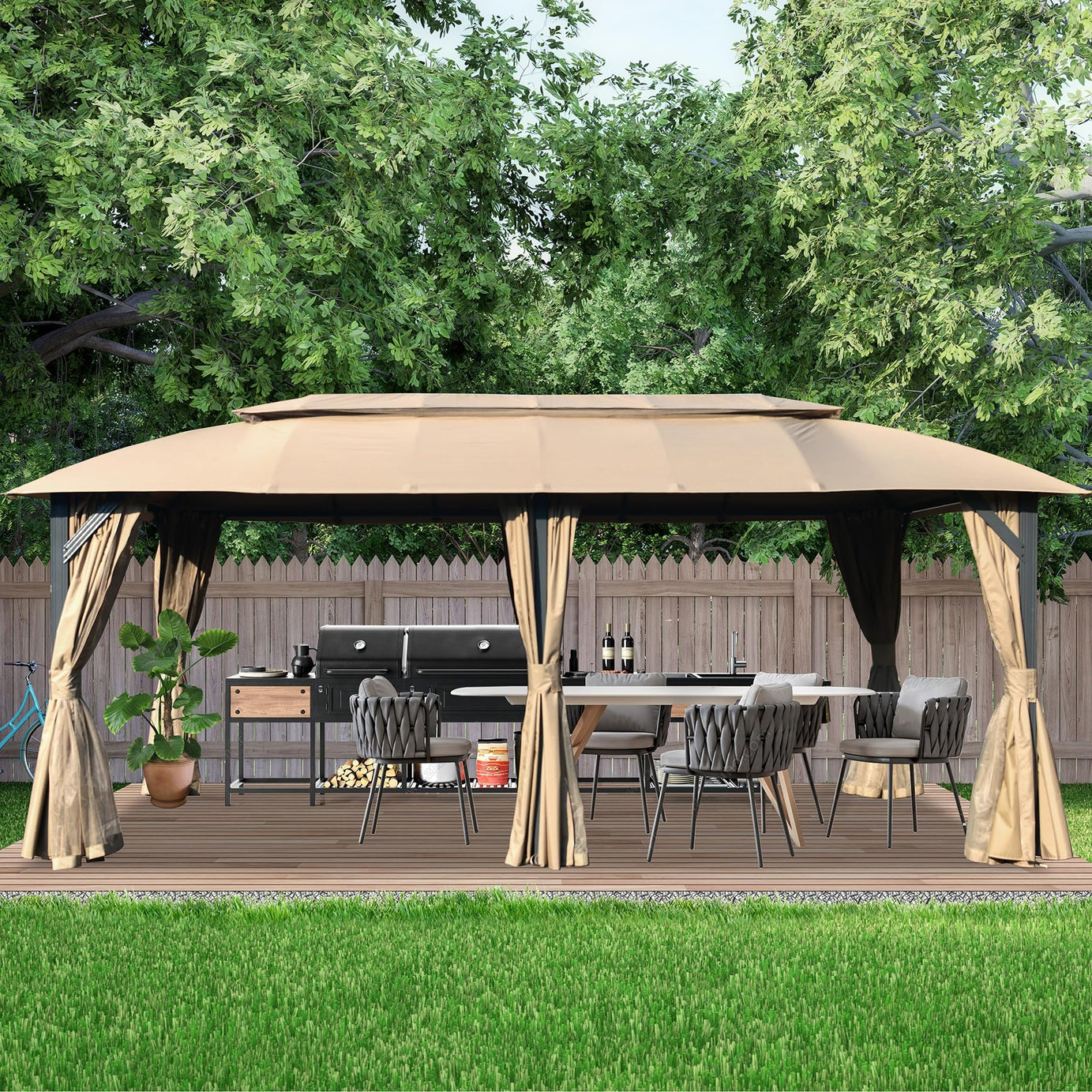 Gazebo 10x20FT, Outdoor Gazebo with Double Roofs, Privacy Curtains, Mosquito Nettings, Heavy Duty Metal Frame Party Tent Canopy for Patio, Backyard, Deck, Lawn, Brown--1