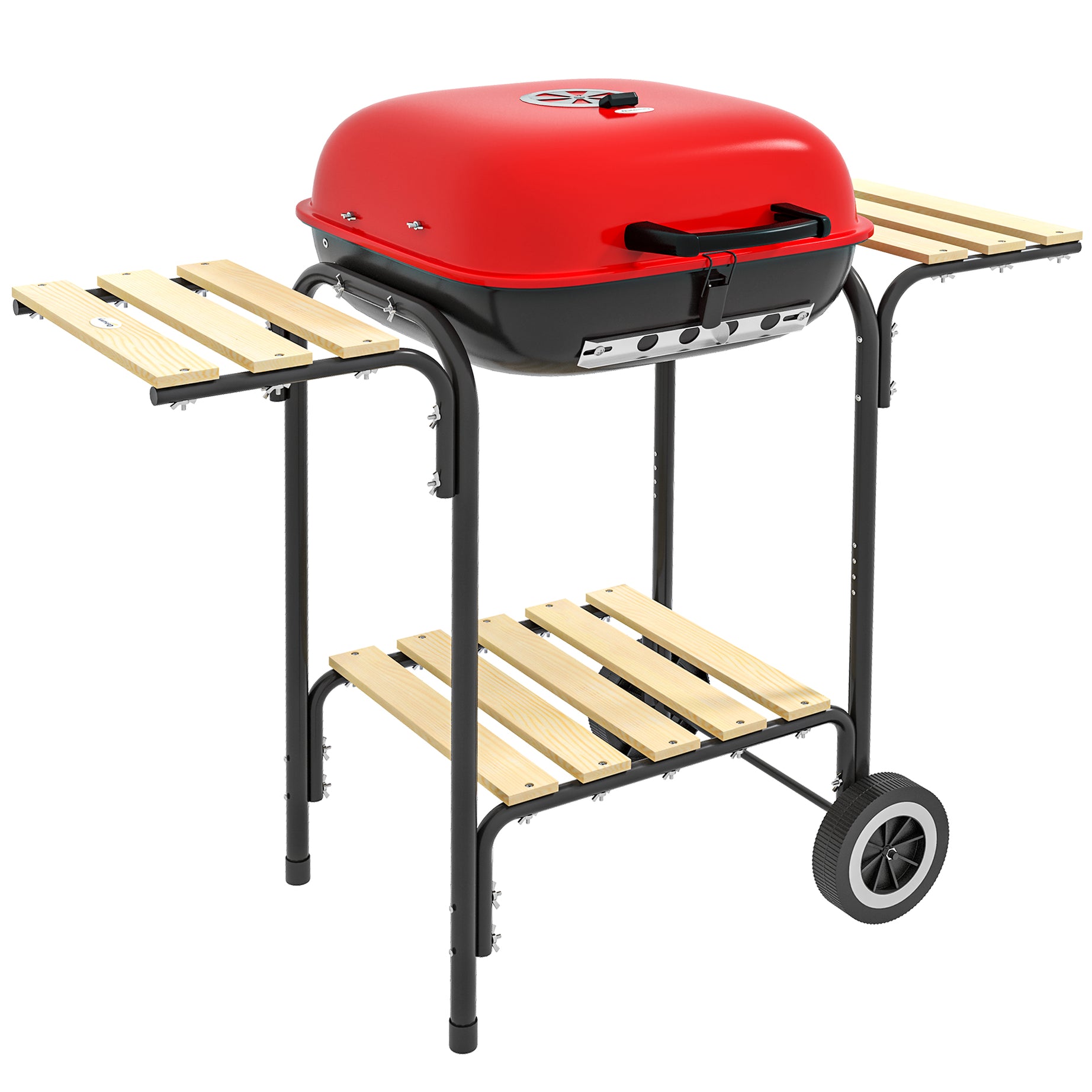 Outsunny 17" Portable Charcoal Grill with Wheels, 2 Side Tables and Bottom Shelf, BBQ with Adjustable Vents on Lid for Picnic, Camping, Backyard, Cooking, Red--1