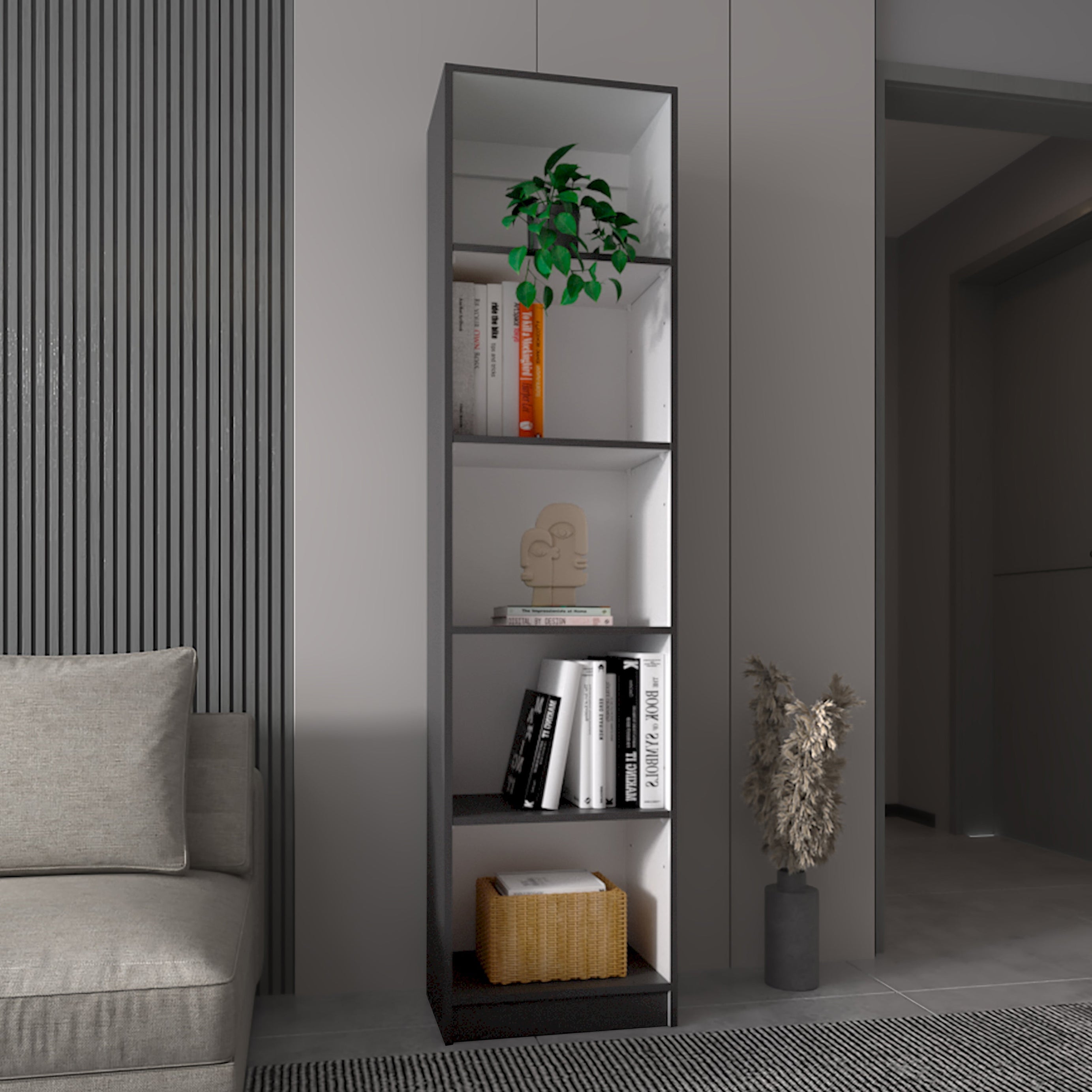 Zachary Matt Gray and White 5-Shelf Slim Bookcase--1