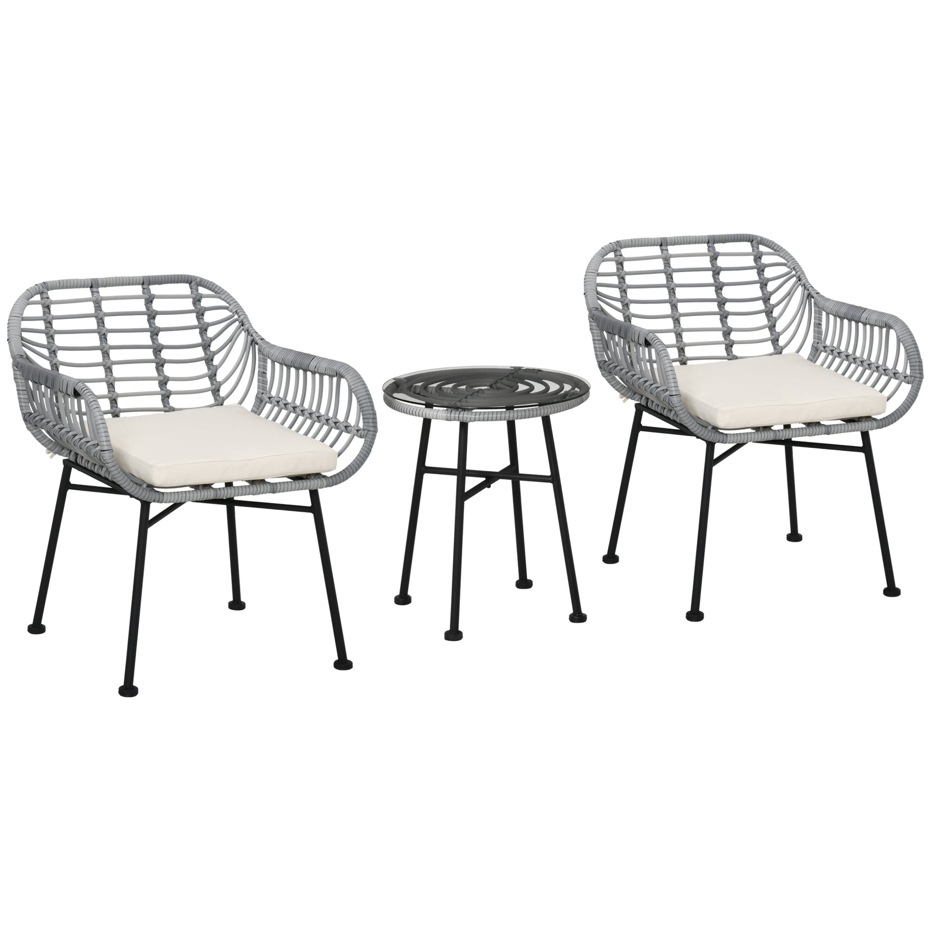 Outsunny 3 Piece Patio Set, Outdoor Bistro Furniture, PE Rattan Wicker Table and Chairs, Cushioned, Hand Woven, Modern Look with Tempered Glass for Garden, Porch, Pool, Backyard, Cream White--1