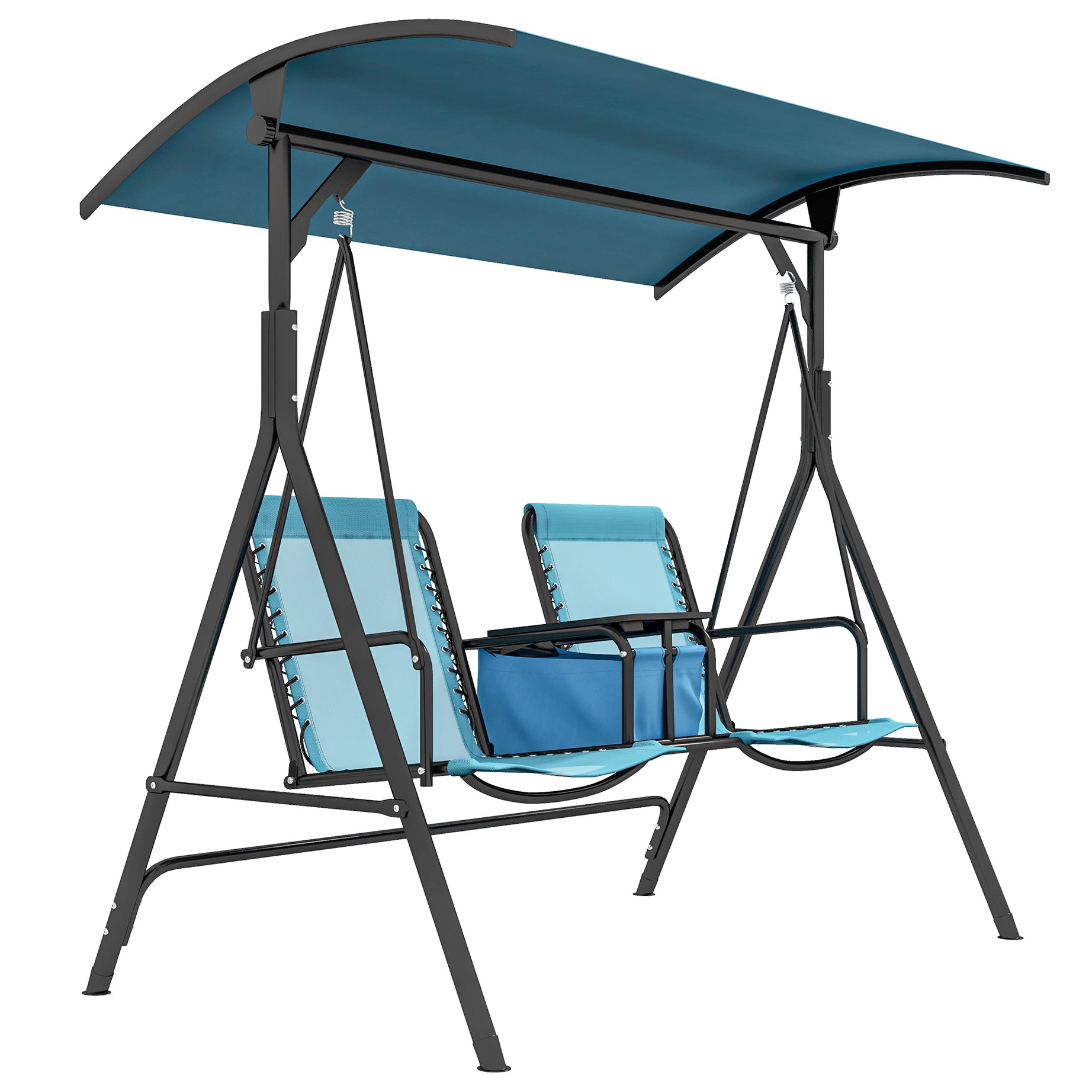 Outsunny 2-Seat Patio Swing Chair, Outdoor Canopy Swing Glider with Pivot Storage Table, Cup Holder, Adjustable Shade, Bungie Seat Suspension and Weather Resistant Steel Frame, Blue--1