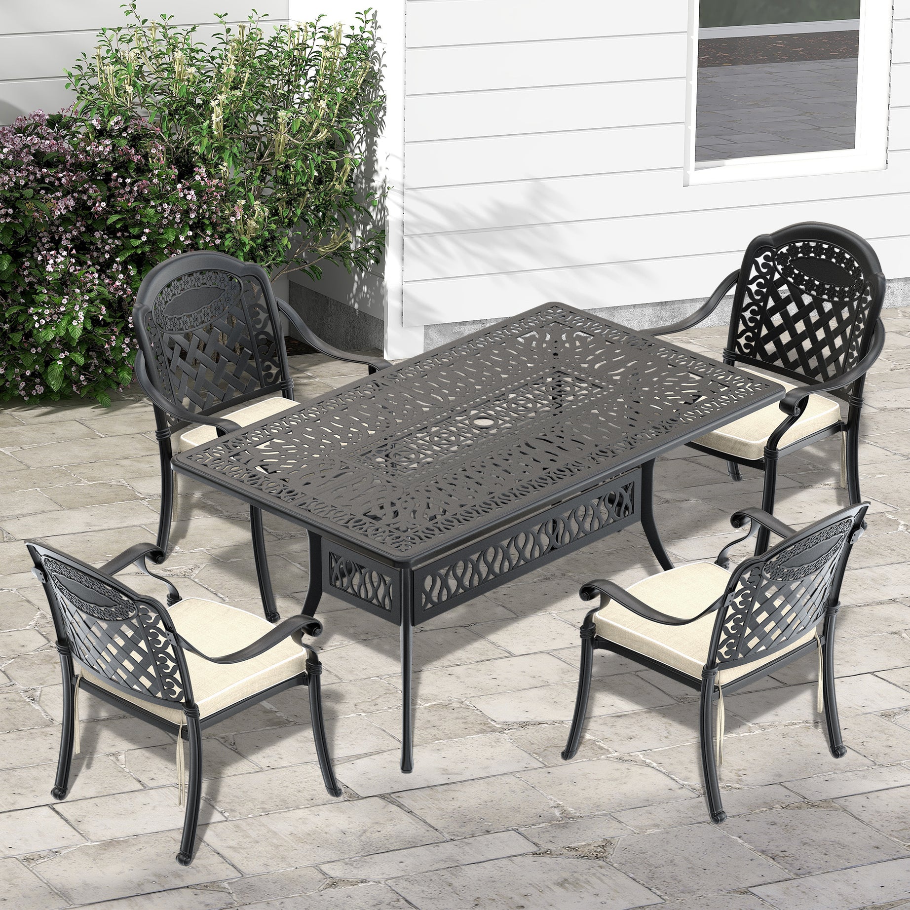 (Cushions In  Random Colors)5-Piece Set Of Cast Aluminum Patio Furniture With  Cushions--1