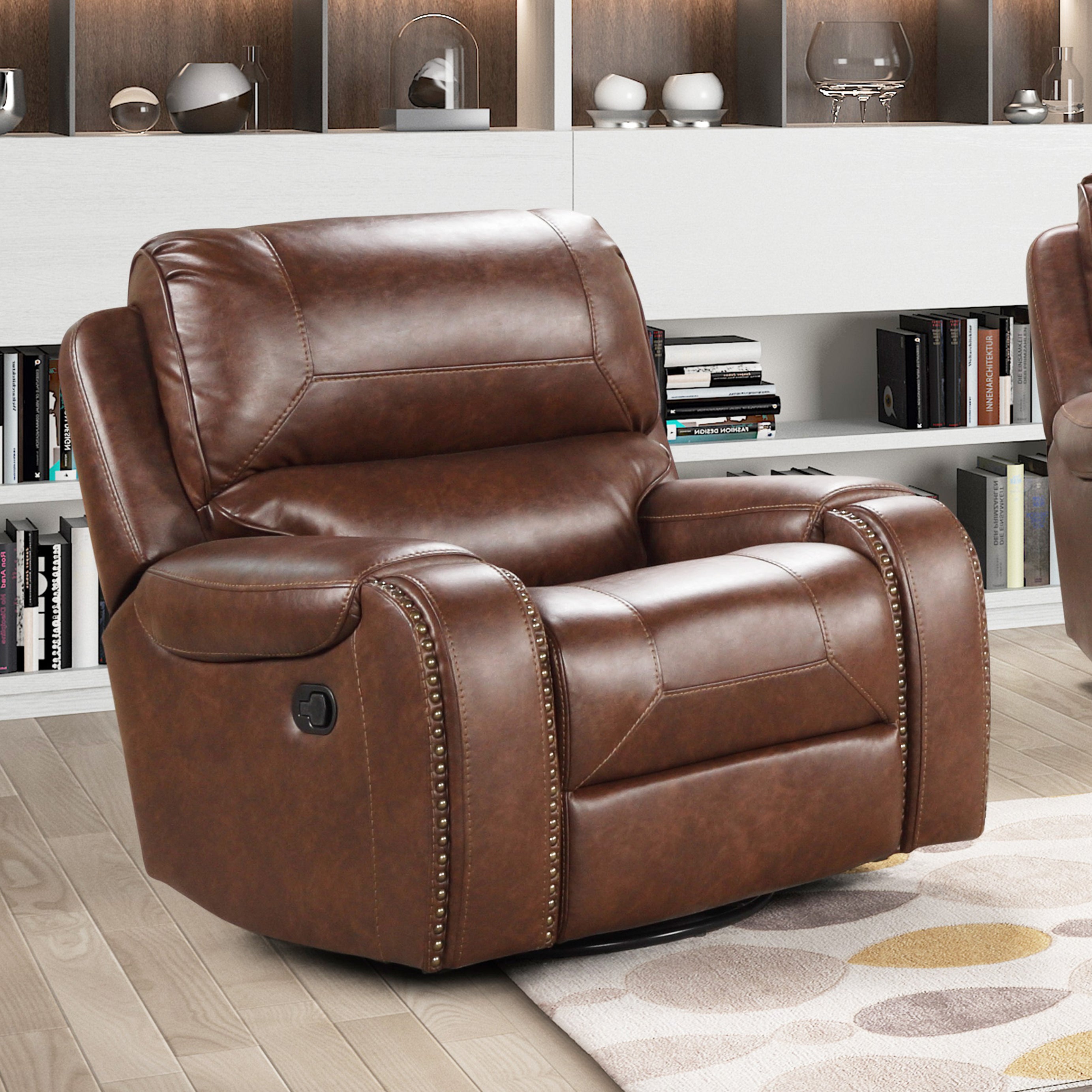 Achern Leather-Air Nailhead Swivel Glider Recliner--1