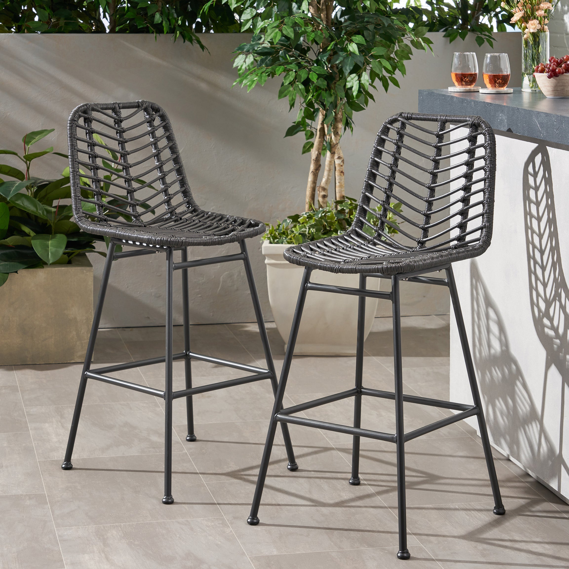 Sawtelle Outdoor Wicker Barstools (Set of 2)--1