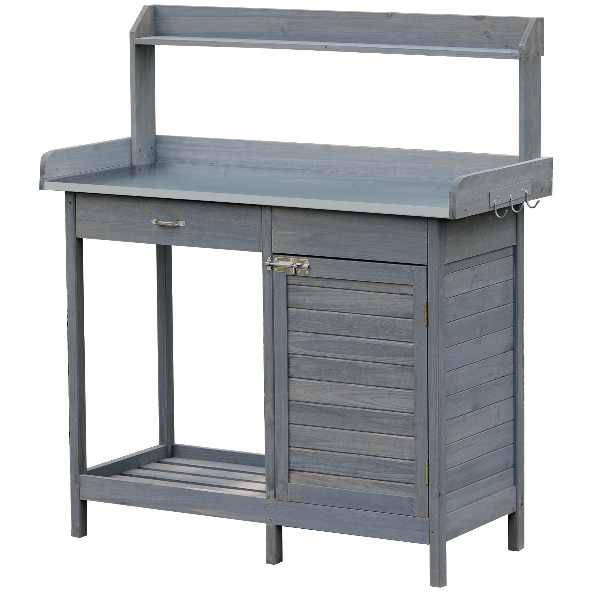 Outsunny Outdoor Potting Bench Table, Garden Work Station with Storage Cabinet, Open Shelf and Steel Tabletop, Gray--1