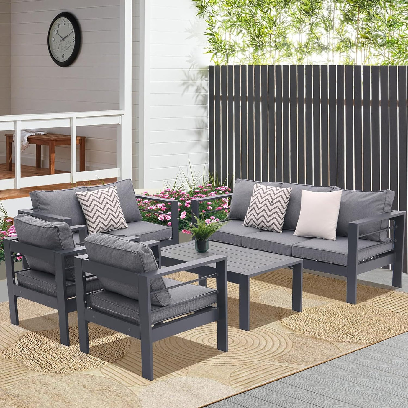 5-piece Aluminum Outdoor Patio Conversation Set,All-Weather Sectional Sofa Outside Furniture with  Removable Cushions and Tempered Glass Coffee Table for Courtyard,Poolside,Deck,Balcony(Grey)--1