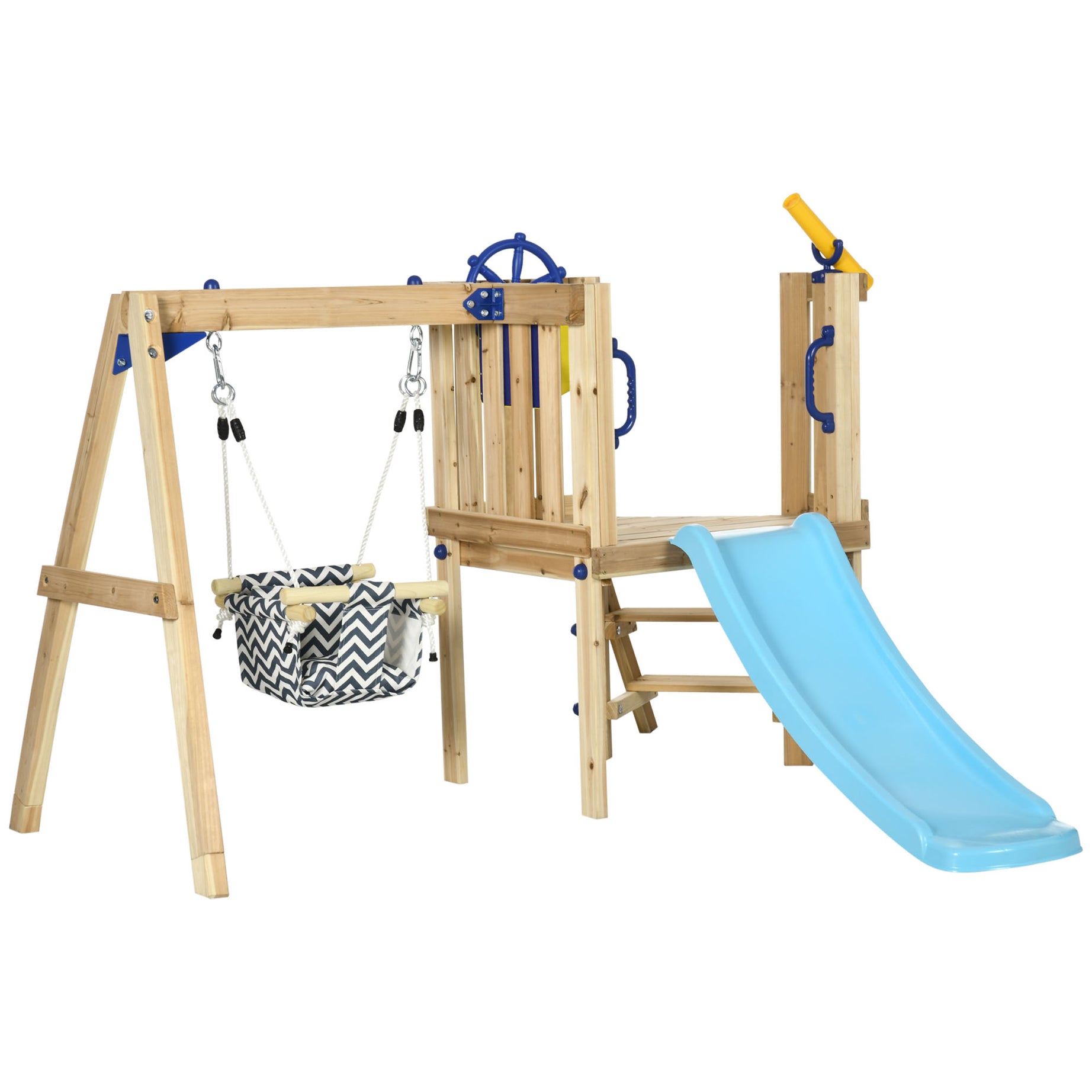 Outsunny 3 in 1 Wooden Swing Set Outdoor Playset with Baby Swing Seat, Toddler Slide, Captain's Wheel, Telescope, Kids Backyard Playground Equipment, Ages 1.5-4--1