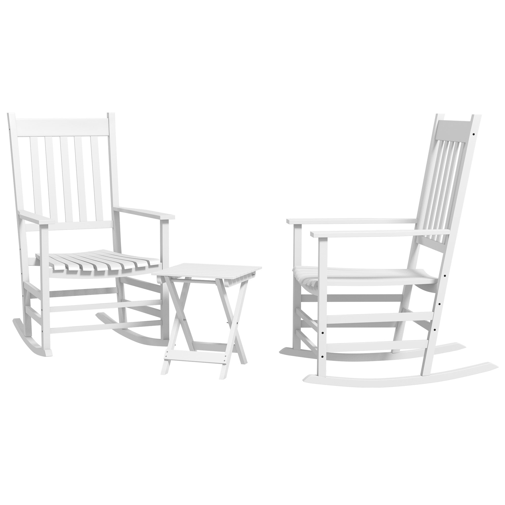 Outsunny Outdoor Rocking Chair Set of 2 with Side Table, Patio Wooden Rocking Chair with Smooth Armrests, High Back for Garden, Balcony, Porch, Supports Up to 352 lbs., White--1