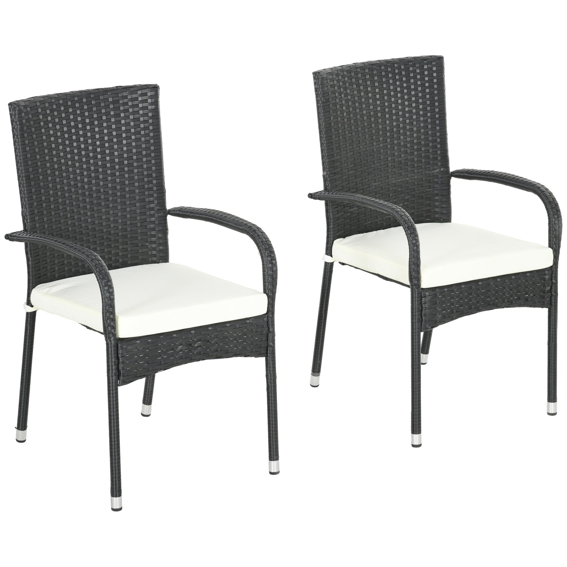 Outsunny Stackable PE Rattan Outdoor Dining Chairs with Cushions, Set of 2 Patio Wicker Dining Chairs with Armrests and Backrest for Patio, Deck, Cream White--1