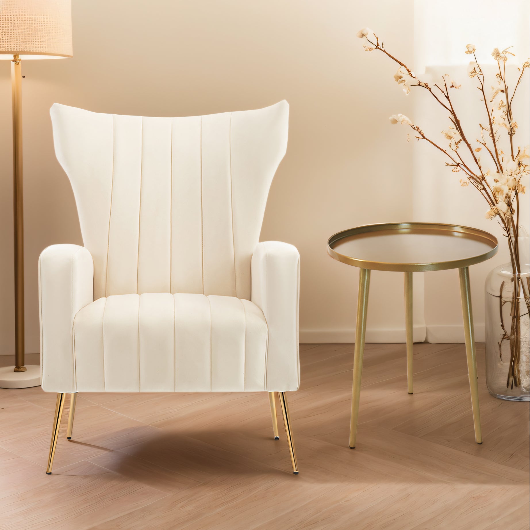 Velvet Accent Chair with table, Wingback Arm Chair with Gold Legs, Upholstered Single Sofa for Living Room Bedroom, White--1