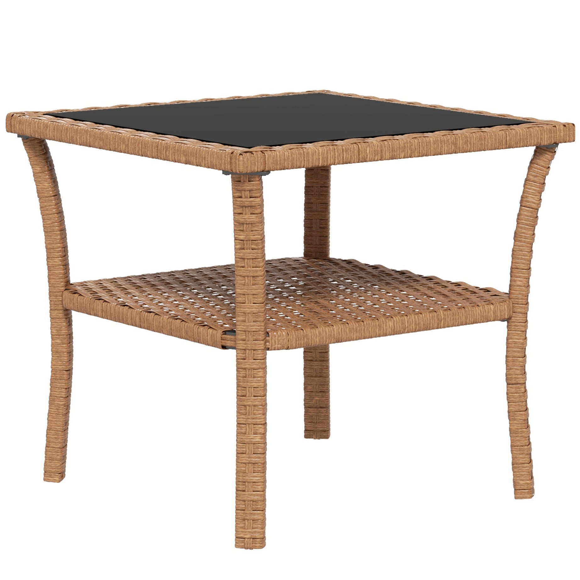 Outsunny Rattan Side Table, Outdoor End Table with Storage Shelf, Aluminum Frame Square, Coffee Table with Tempered Glass Top, Sand--1