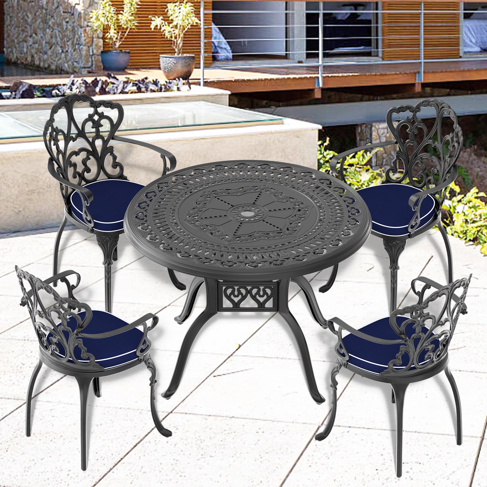 (Cushions In  Random Colors)5-Piece Set Of Cast Aluminum Patio Furniture With  Cushions--1