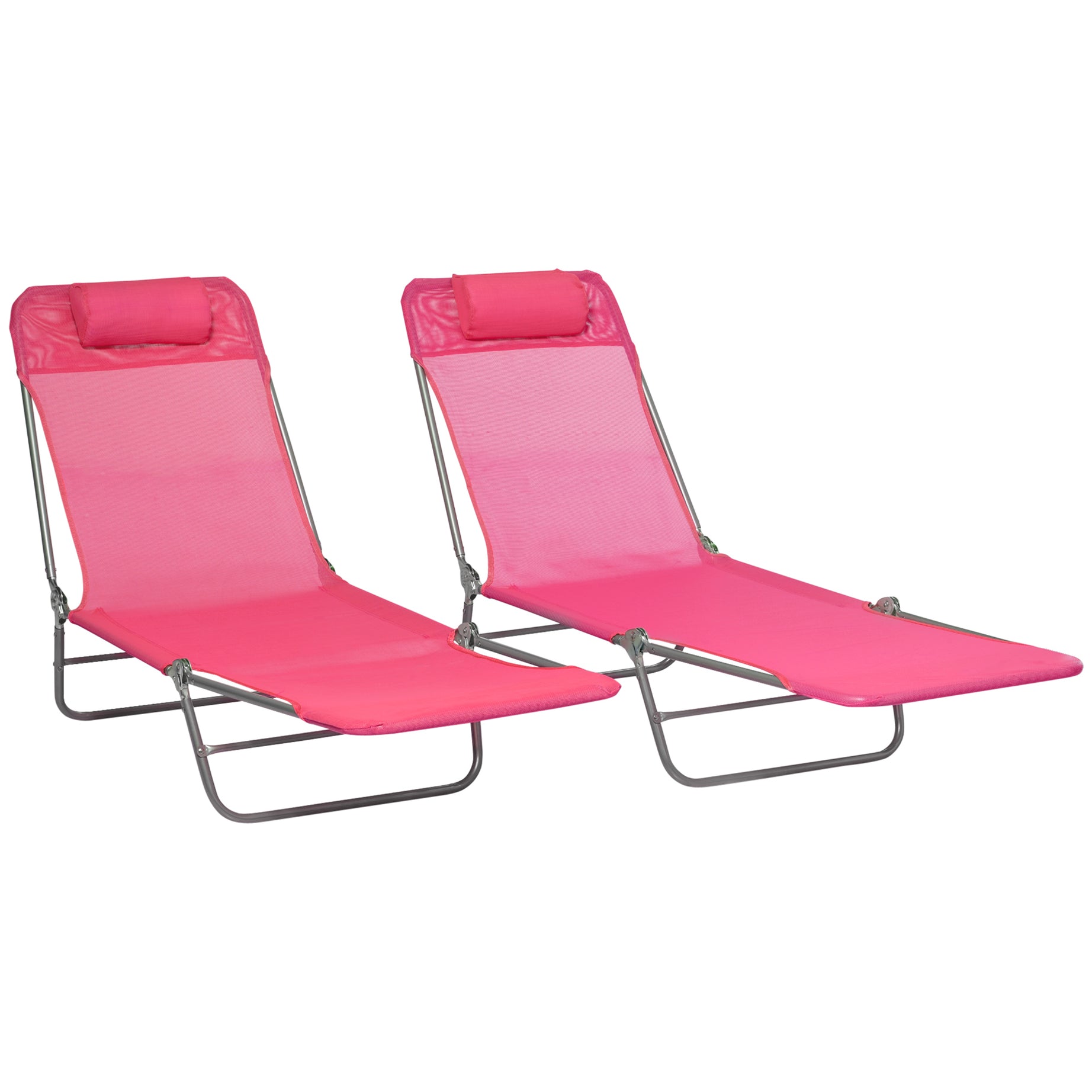 Outsunny 2 Piece Folding Chaise Lounge Chairs, Pool Sun Tanning Chairs, Outdoor Lounge Chairs with 6-Position Reclining Back, Breathable Mesh Seat, Headrest for Beach, Yard, Patio, Pink--1