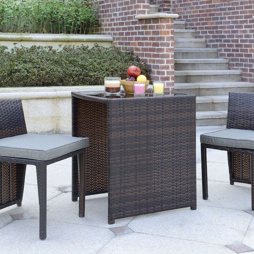 Cape Town 3-Piece PE Wicker Bistro Steel Cushions Outdoor Dining Set, Mahogany Brown, Grey--1