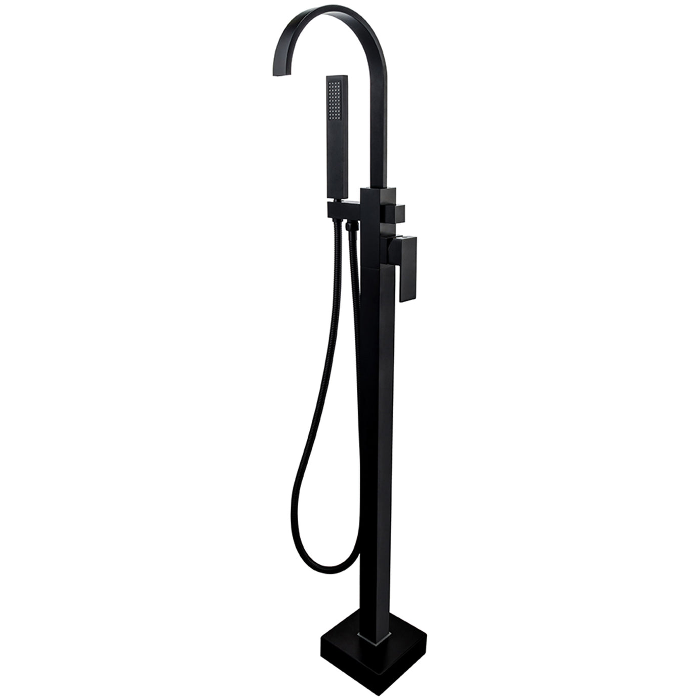 Matte Black Waterfall Freestanding Tub Filler Floor Mount Bathtub Faucet with Handheld Sprayer--1