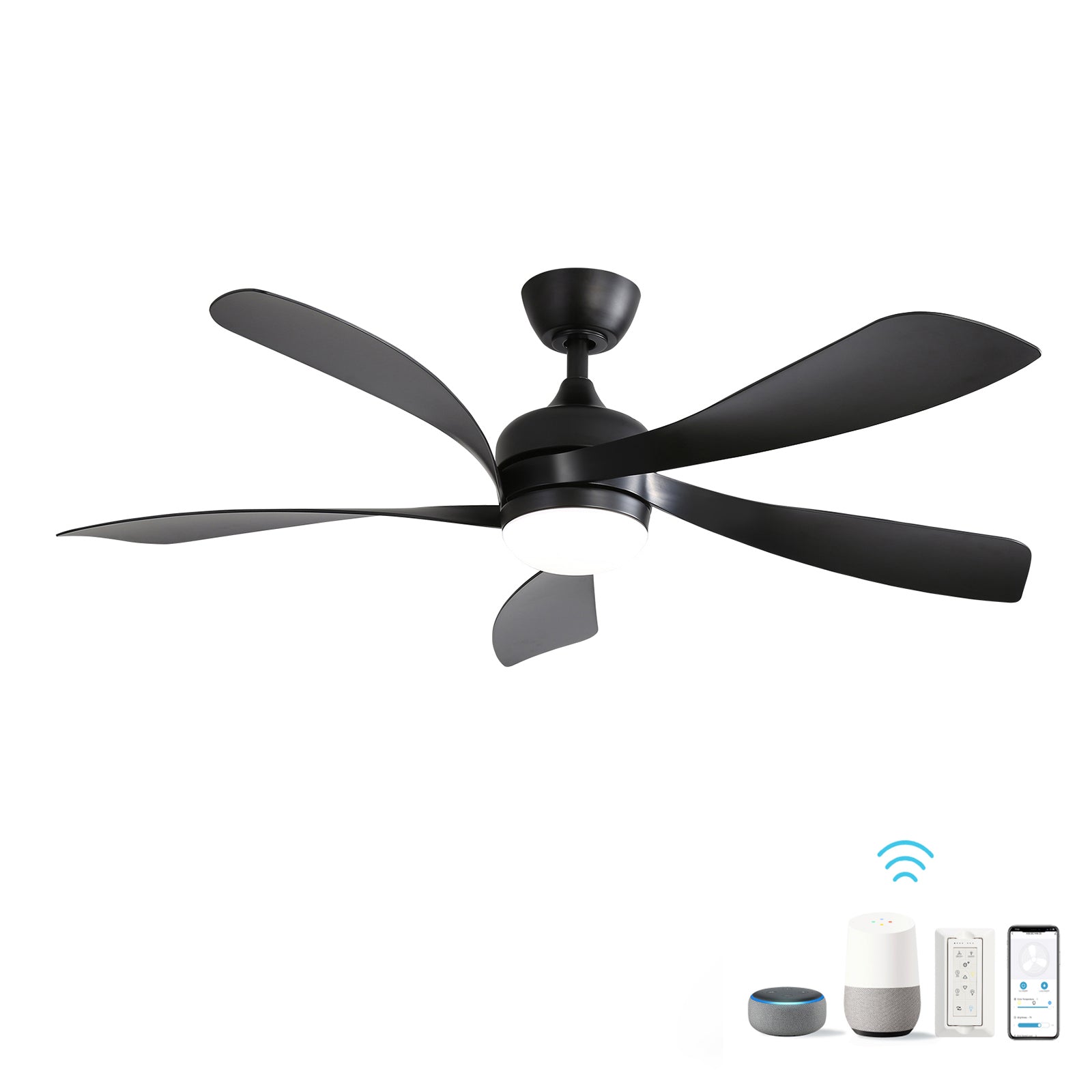 52 Inch Modern Ceiling Fan With 3 Color Dimmable Light 5 ABS Blades Smart Remote Control Reversible DC Motor Black--1