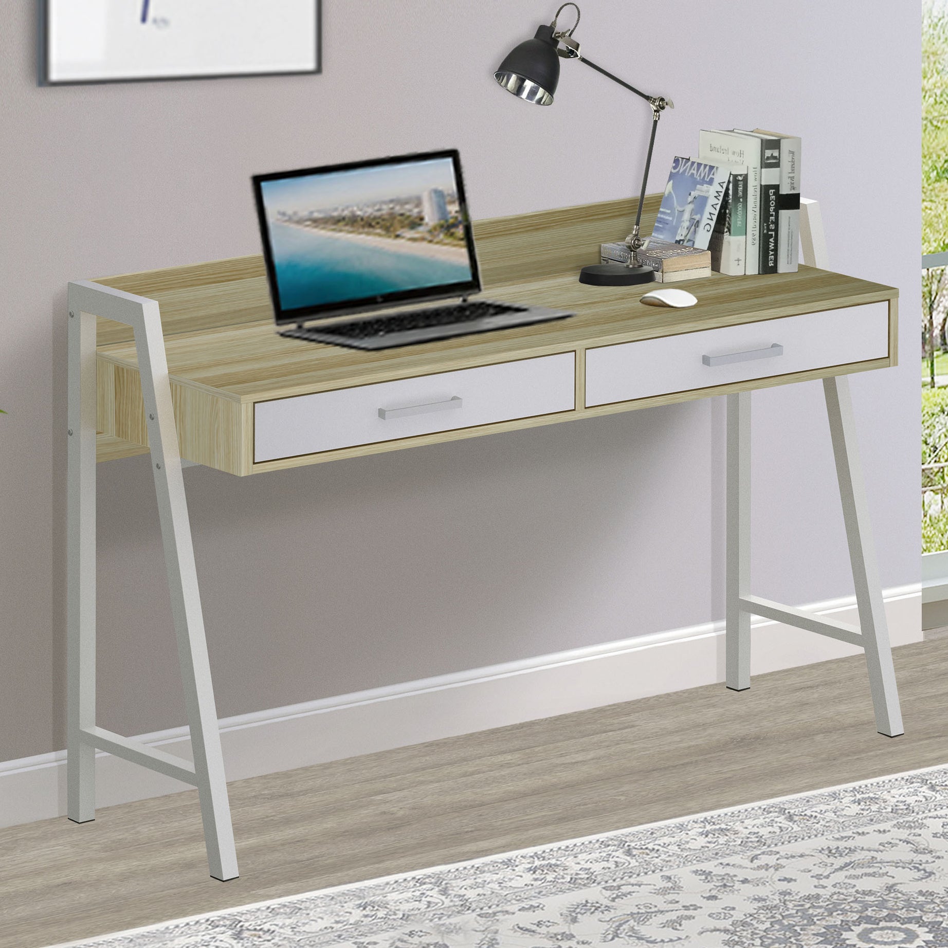 "47"" Writing Desk with 2drawers""Sleek Two-Tone Writing Desk – Nature and White Finish, Ideal for Home Office and Study Spaces, with Cable Management System and Sturdy Metal Frame"--1