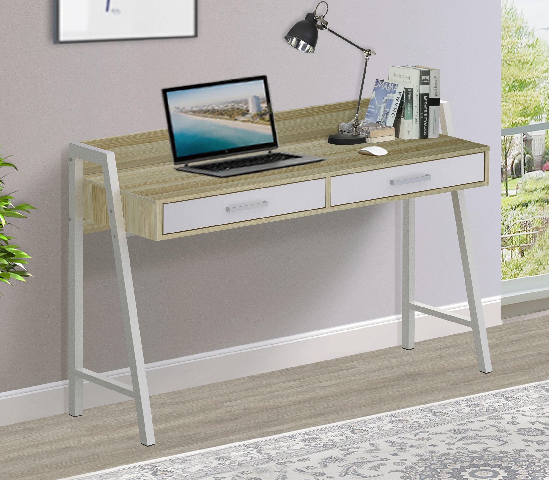 "47"" Writing Desk with 2drawers""Sleek Two-Tone Writing Desk – Nature and White Finish, Ideal for Home Office and Study Spaces, with Cable Management System and Sturdy Metal Frame"--1