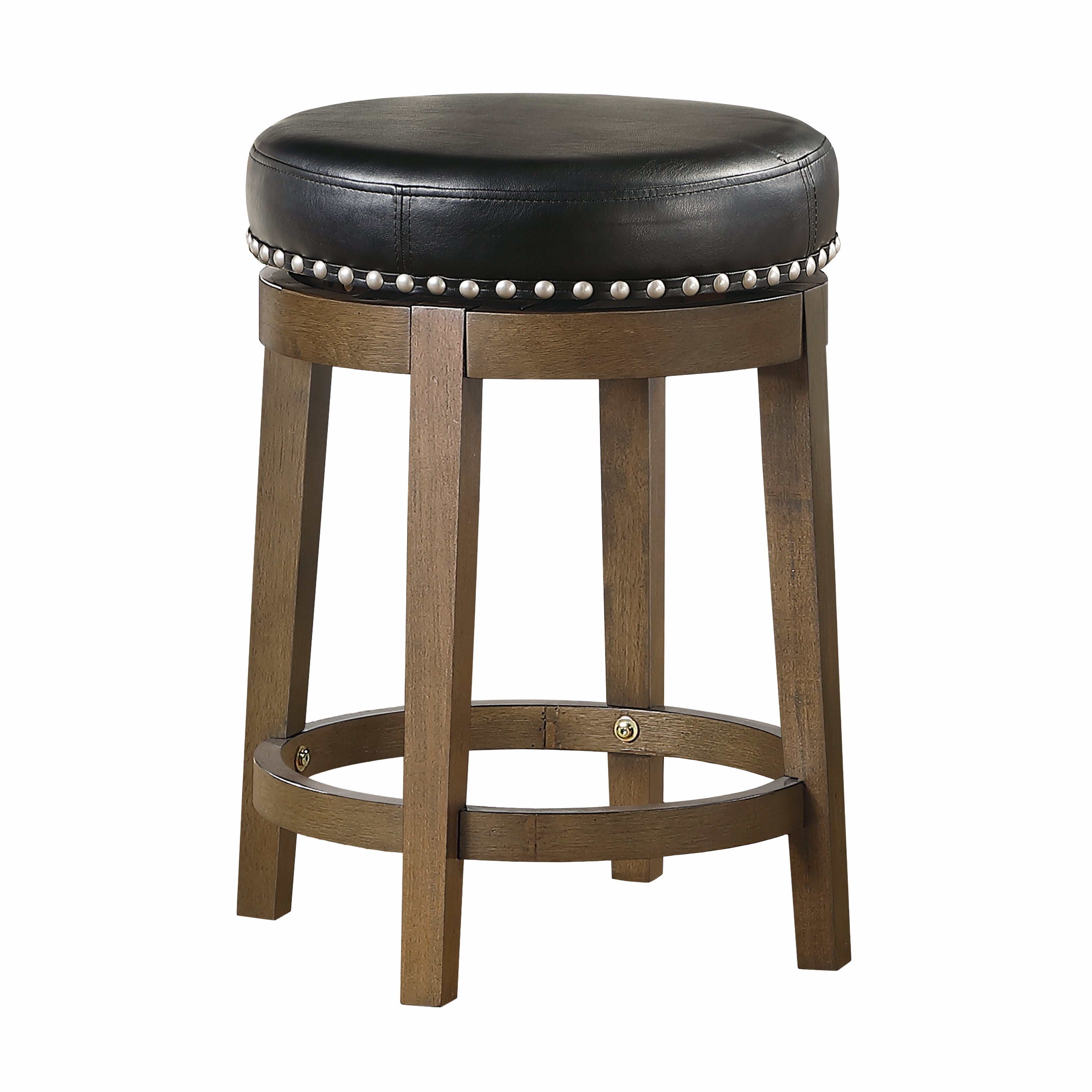 Round Swivel Counter Height Stool Set of 2, Black Faux Leather 360-degree Swivel Seat Nailhead Trim Solid Wood Frame Brown Finish Transitional Style Furniture--1