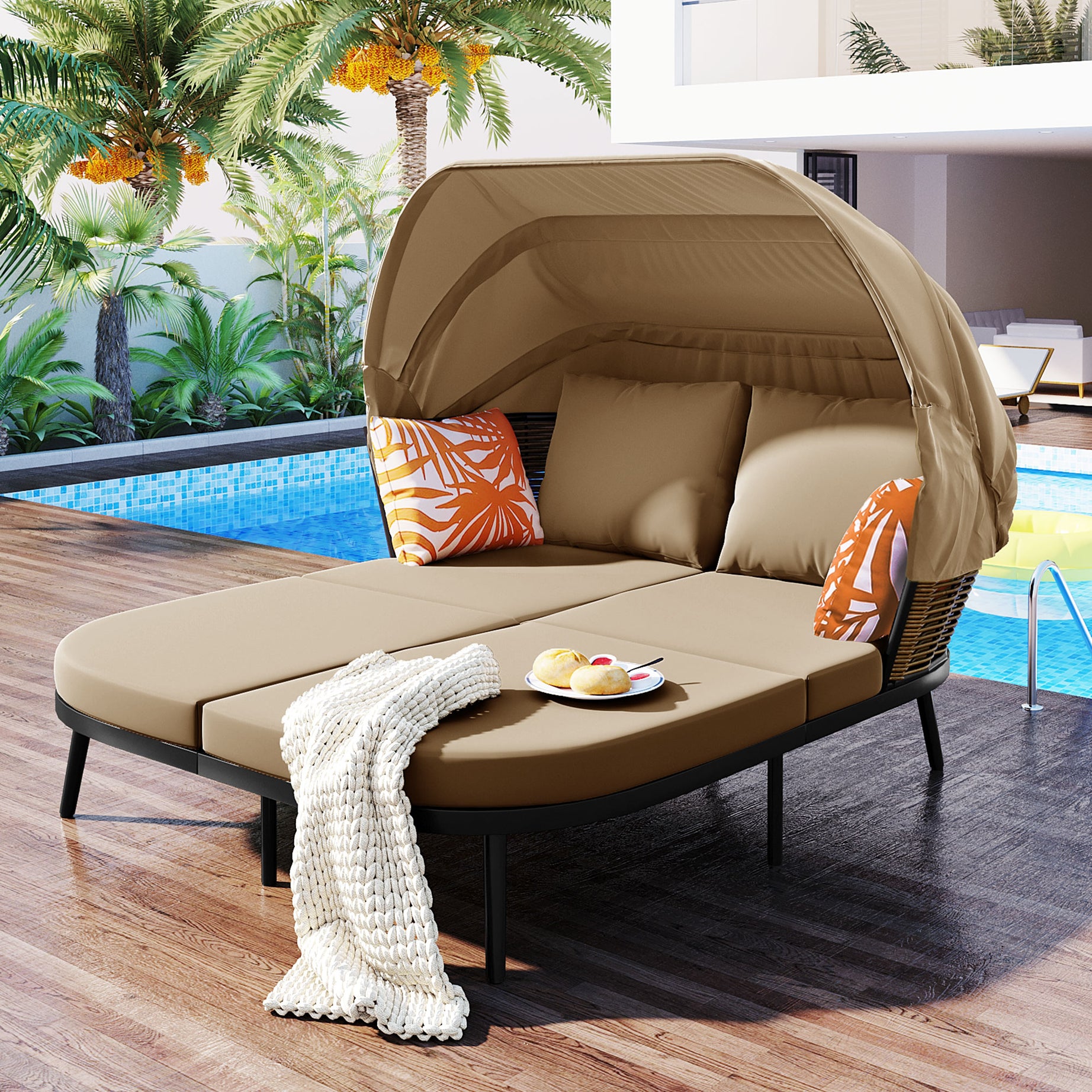 TOPMAX 74.8" L Patio Daybed with Retractable Canopy, Outdoor Rattan PE Wicker Back Loveseat Sofa Set with Throw Pillows and Cushions for Backyard, Poolside, Garden, Brown--1