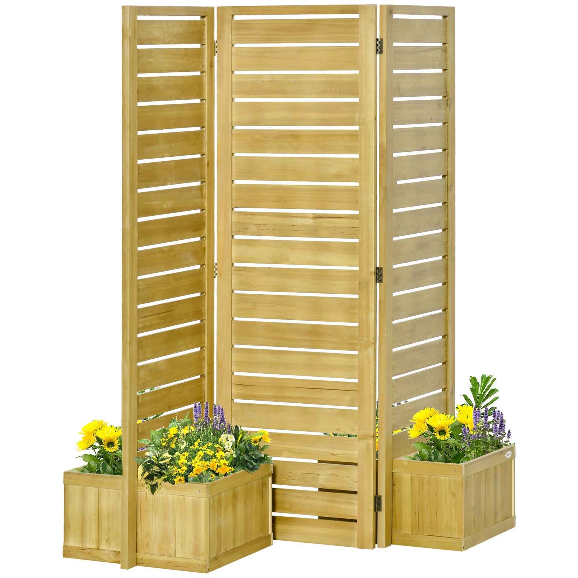 Outsunny Freestanding Outdoor Privacy Screen, 4 Self-Draining Planters / Raised Garden Beds, 3 Hinged Panels for Hot Tub, Patio, Backyard, Deck, Natural--1